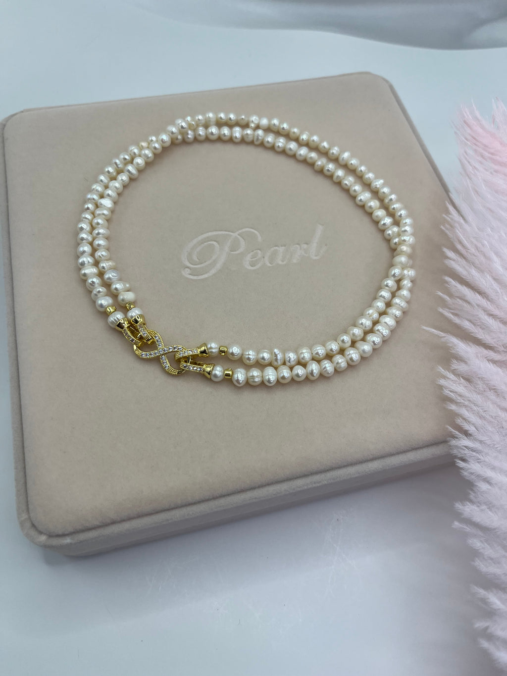 Pearl Choker Necklace : 18K Gold Plated Zirconia Clasp