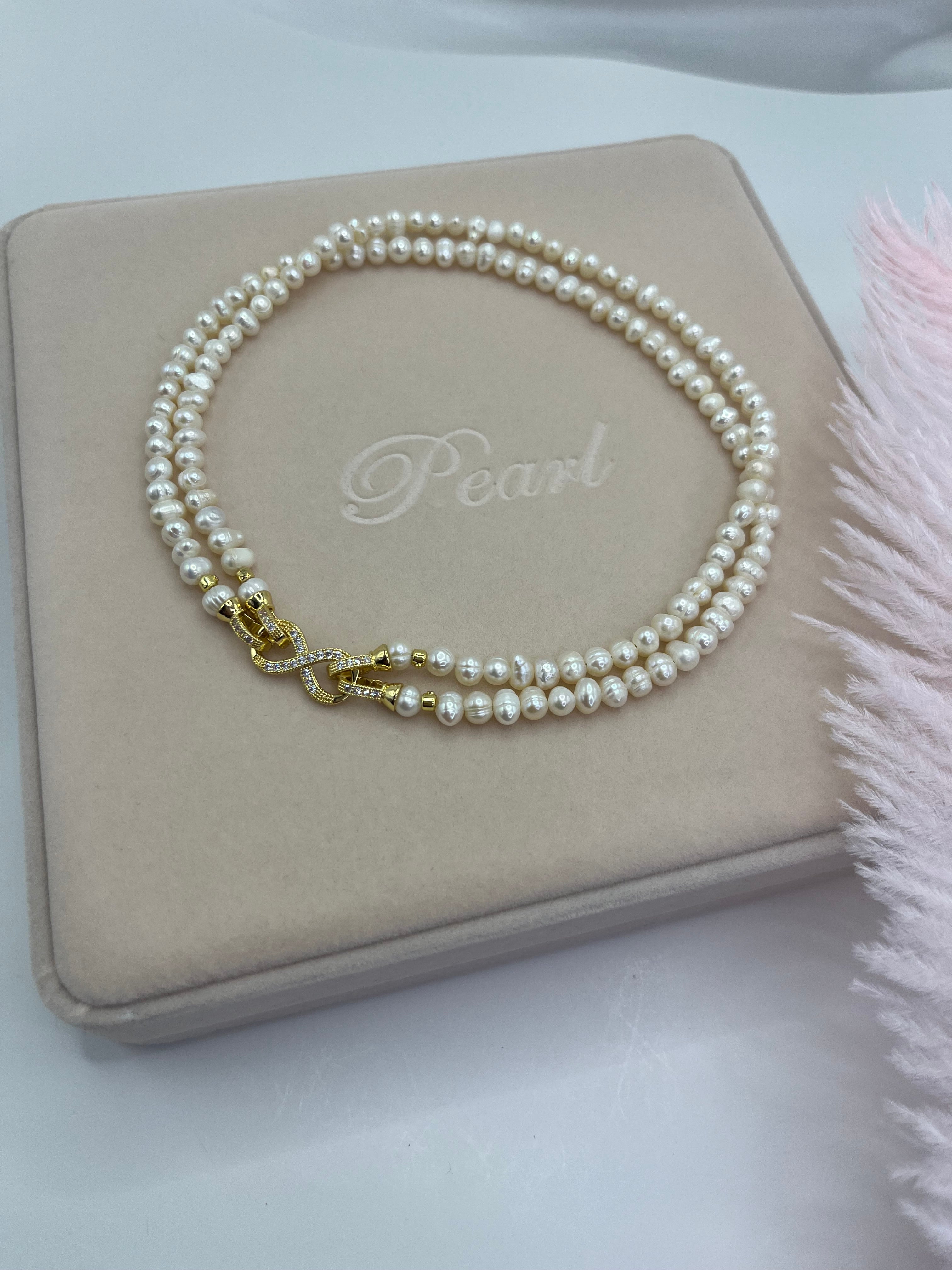 Pearl Choker Necklace : 18K Gold Plated Zirconia Clasp
