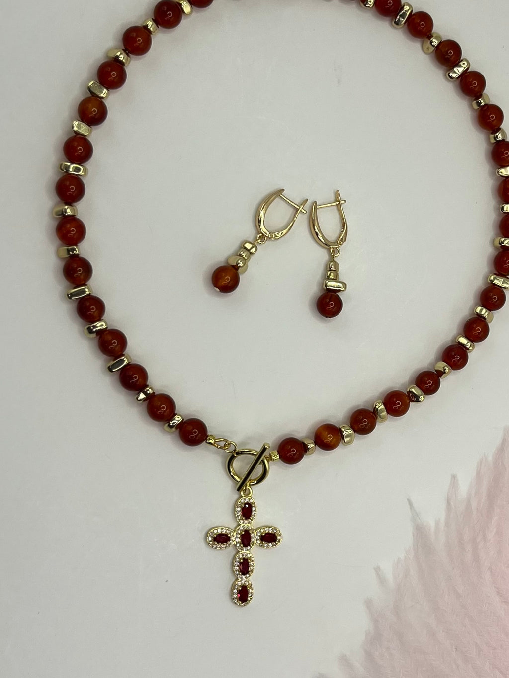 Set: Natural Carnelian Necklace with 18K Gold Cross and earrings
