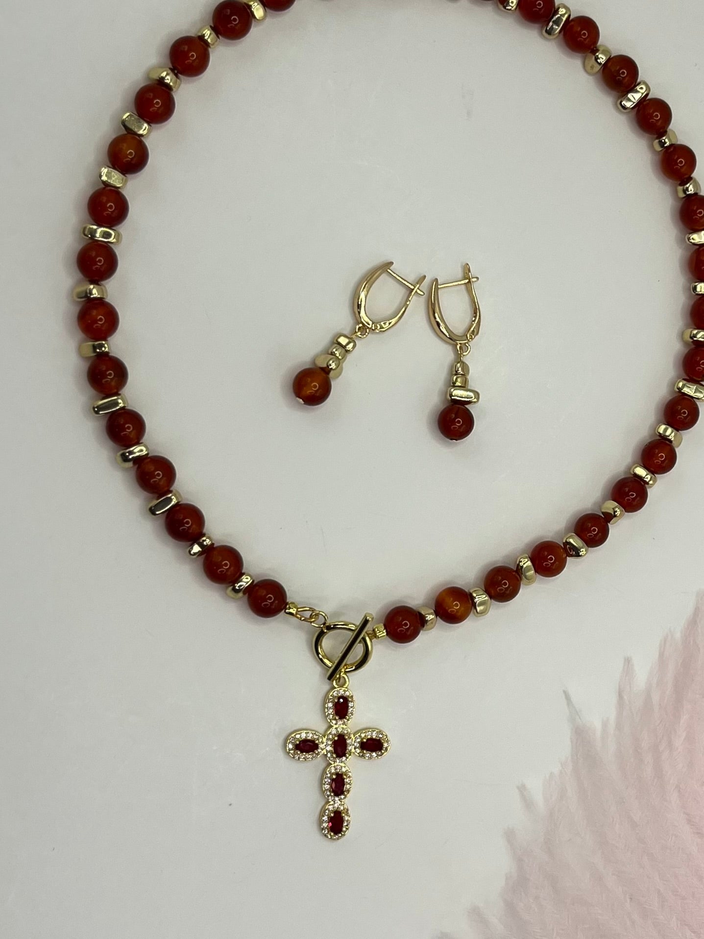 Set: Natural Carnelian Necklace with 18K Gold Cross and earrings