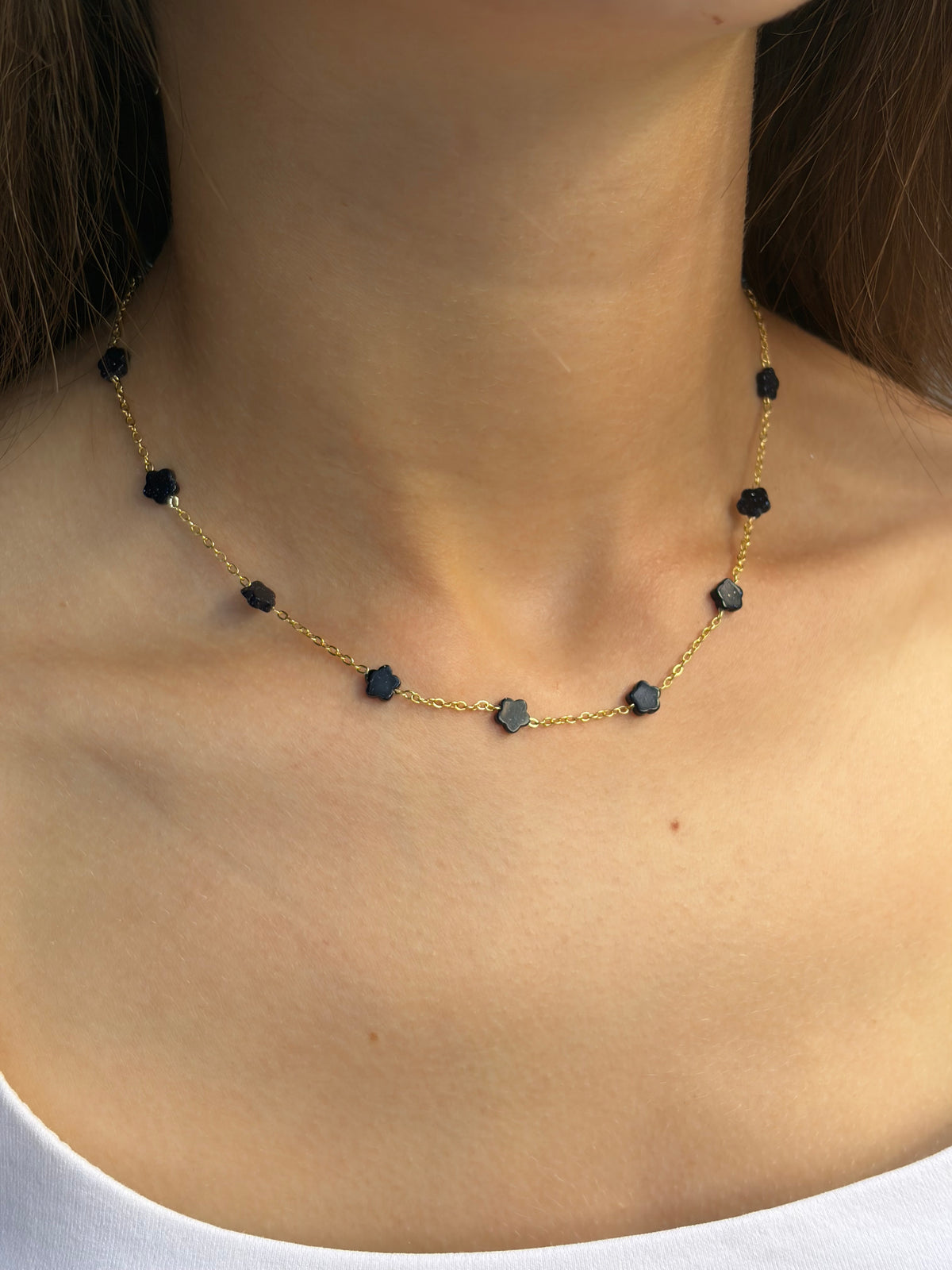 Black Blue Goldstone Flower Necklace: 18K Gold Plated