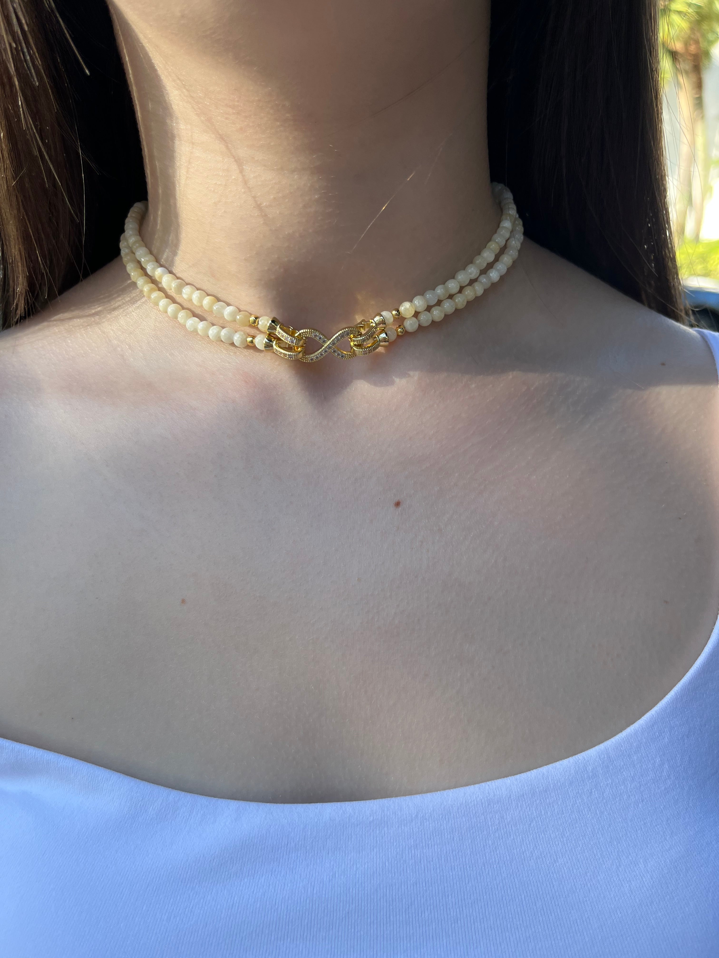 Topaz Jade Choker Necklace : 18K Gold Plated Zirconia Infinity Clasp