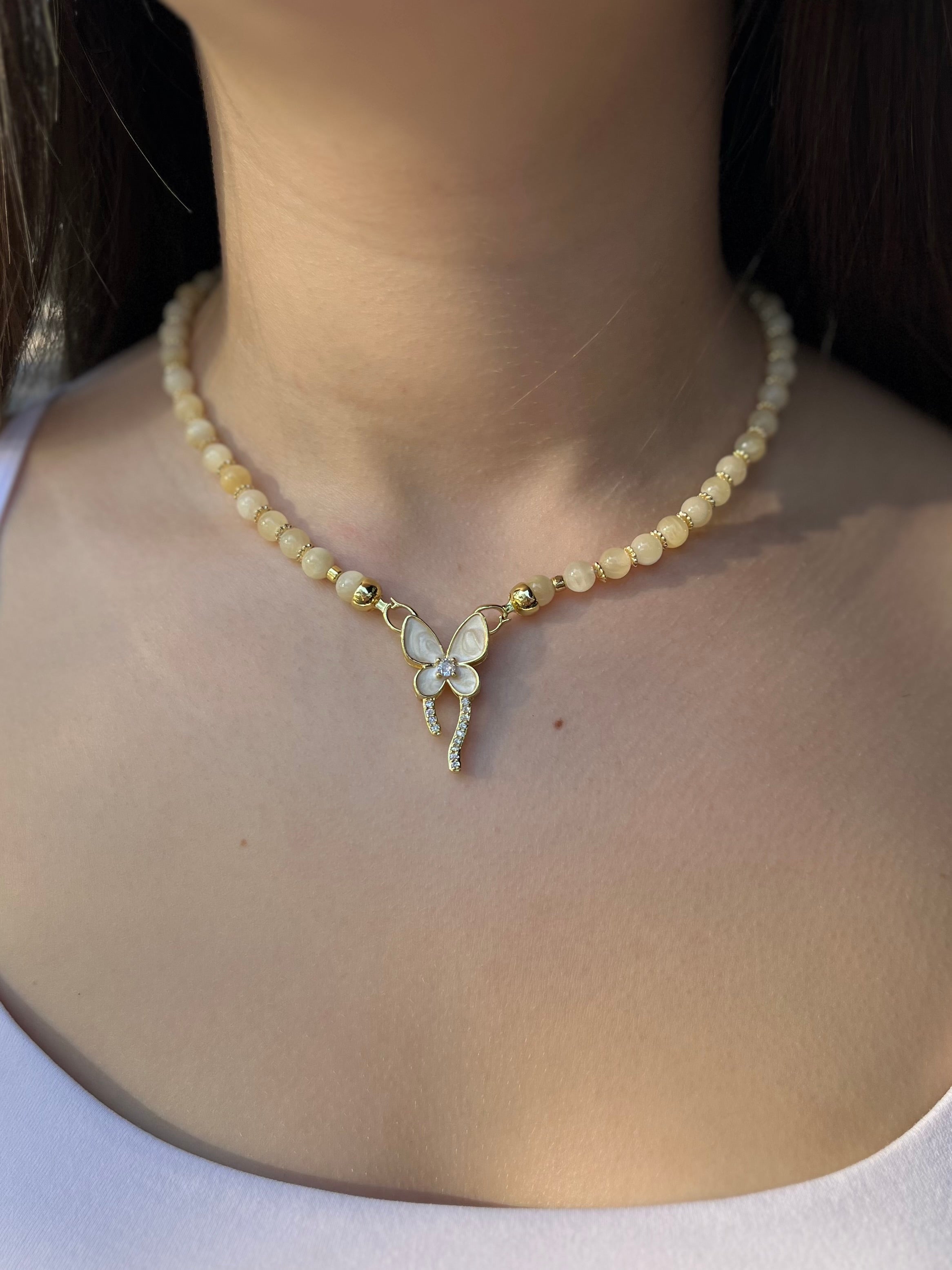 Topaz Jade Choker Necklace : 18K Gold Plated Zirconia Butterfly Clasp