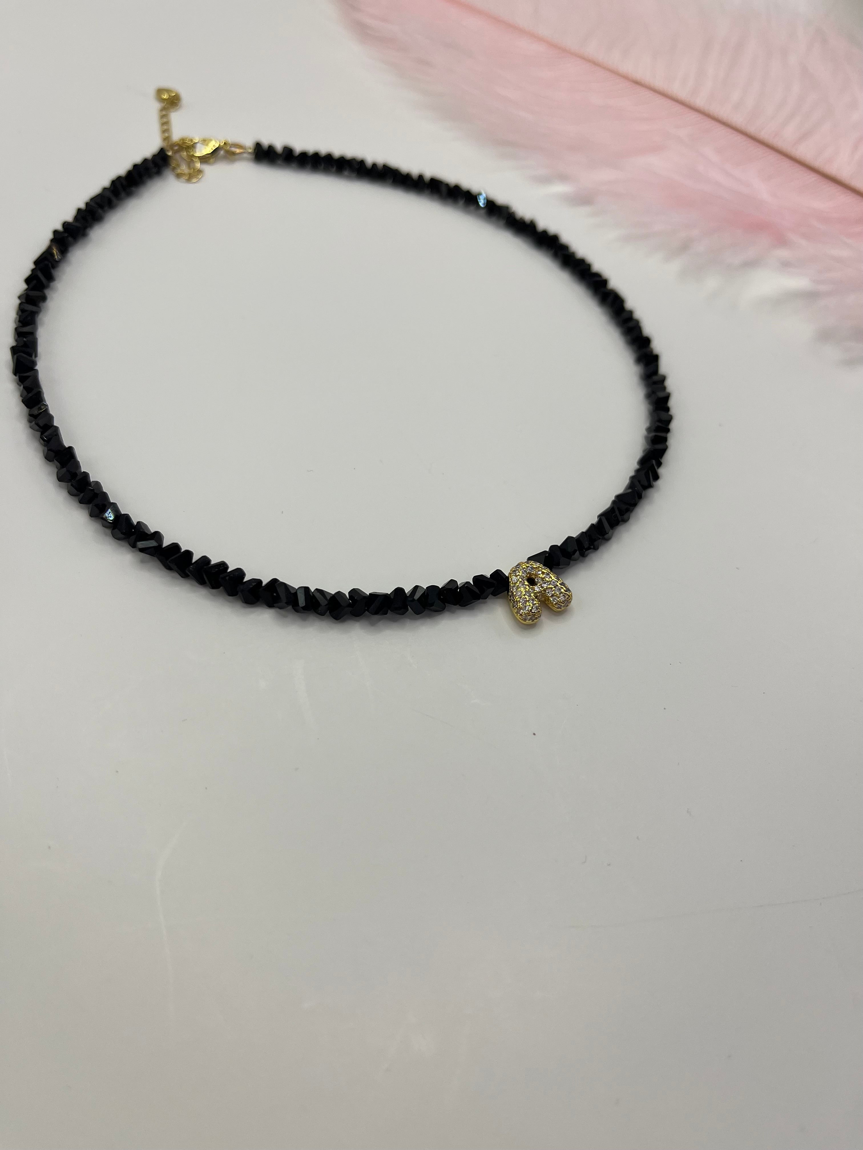 Initial Charm Black Crystal Necklace – 18K Gold Plated, Cubic Zirconia