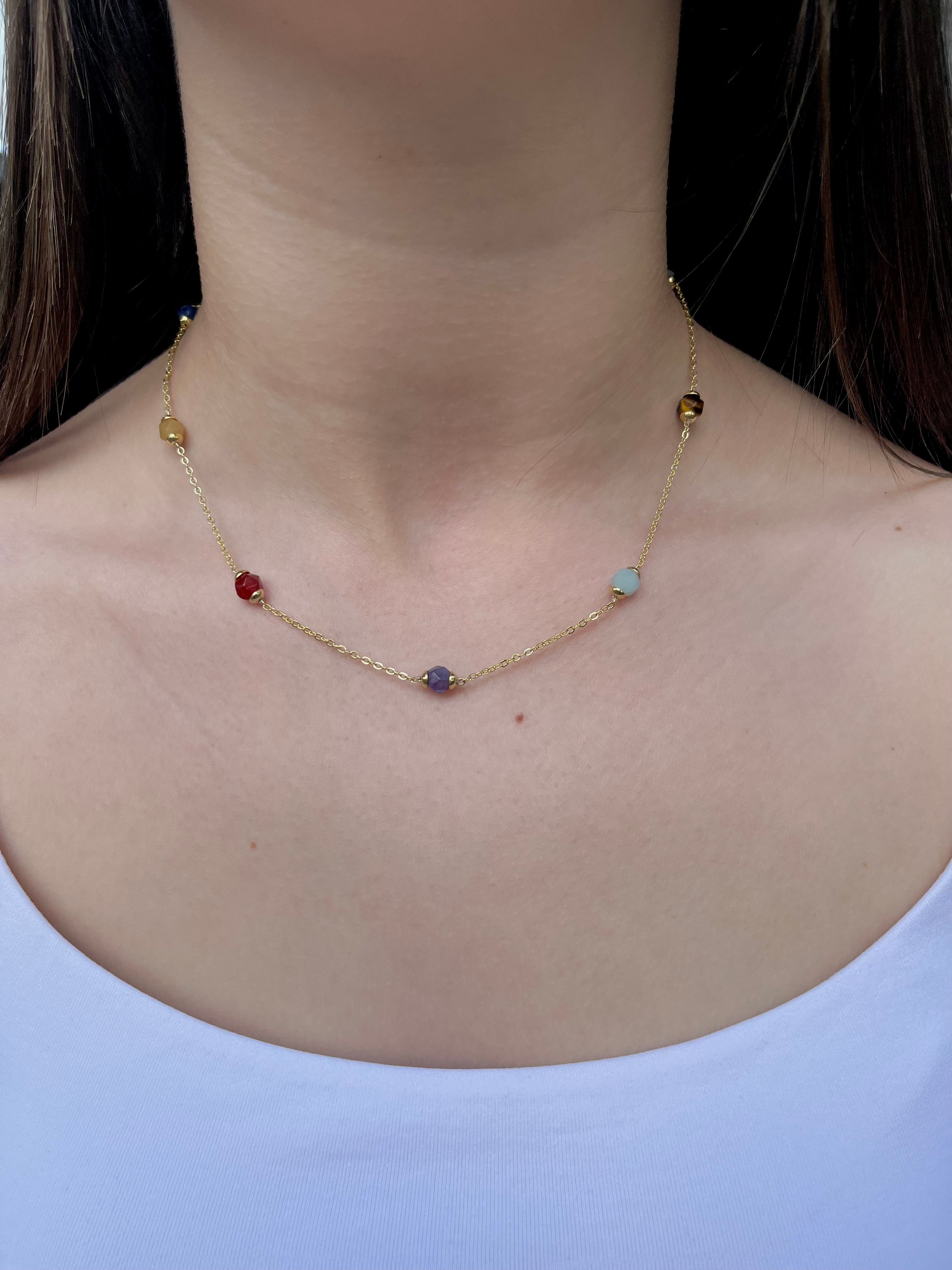 Chakra natural gemstone Necklace: tiger eye, quartz, amethyst, agate, amazonite, sodalite