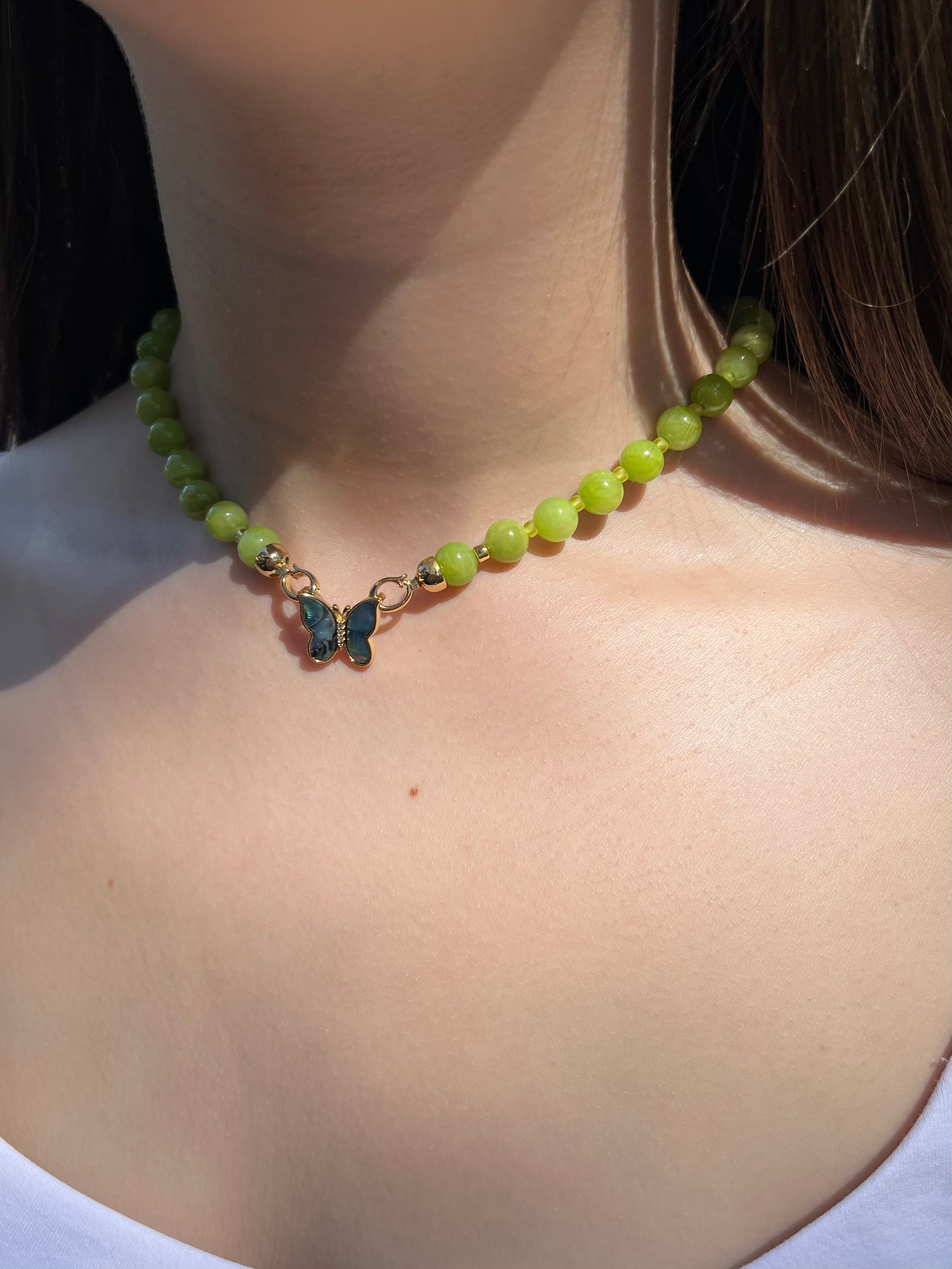 Natural Light Green Jade Necklace with 18K Gold Butterfly Clasp