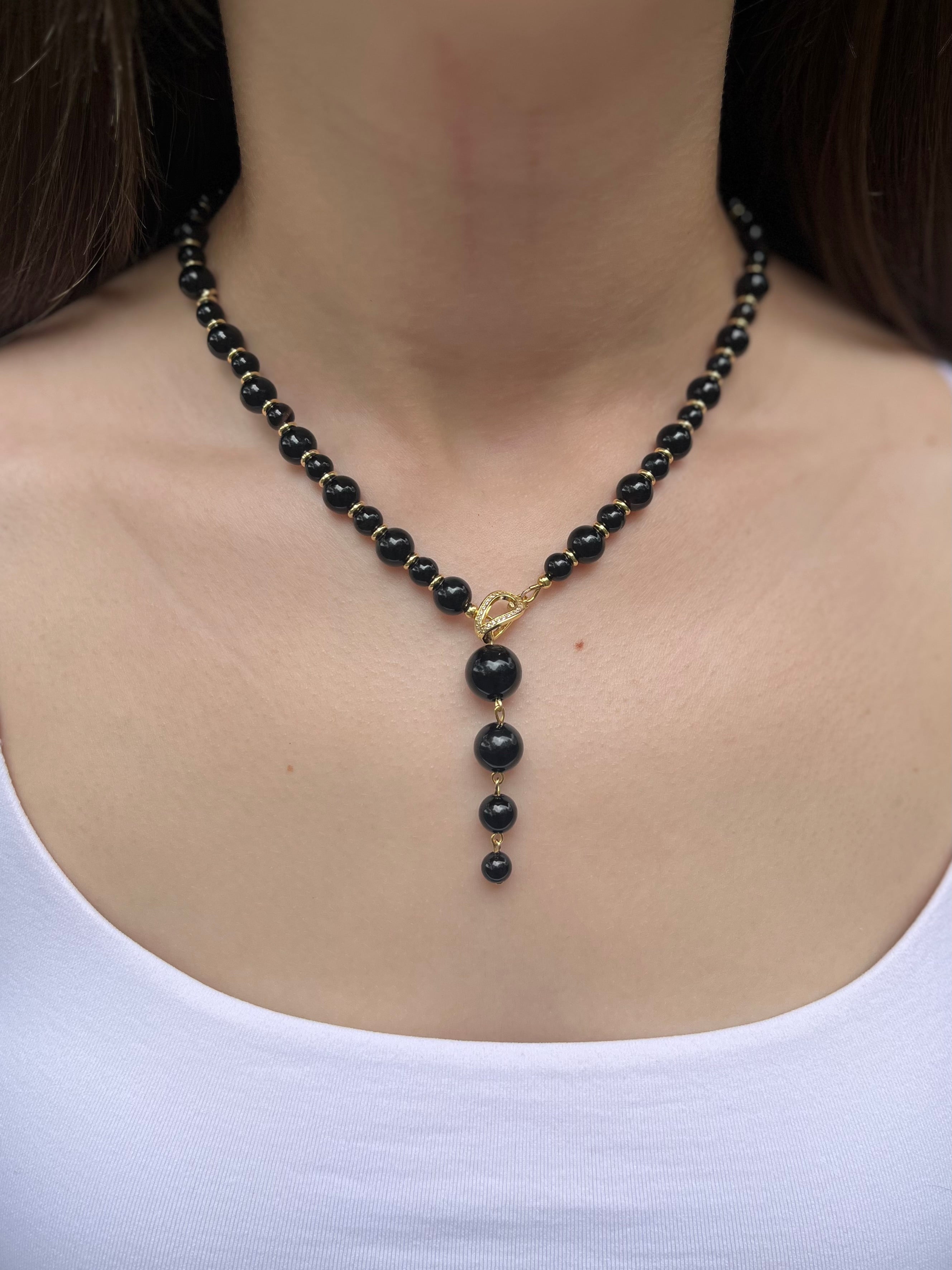 Set: Black Onyx Necklace and Earrings:18K Gold Plated