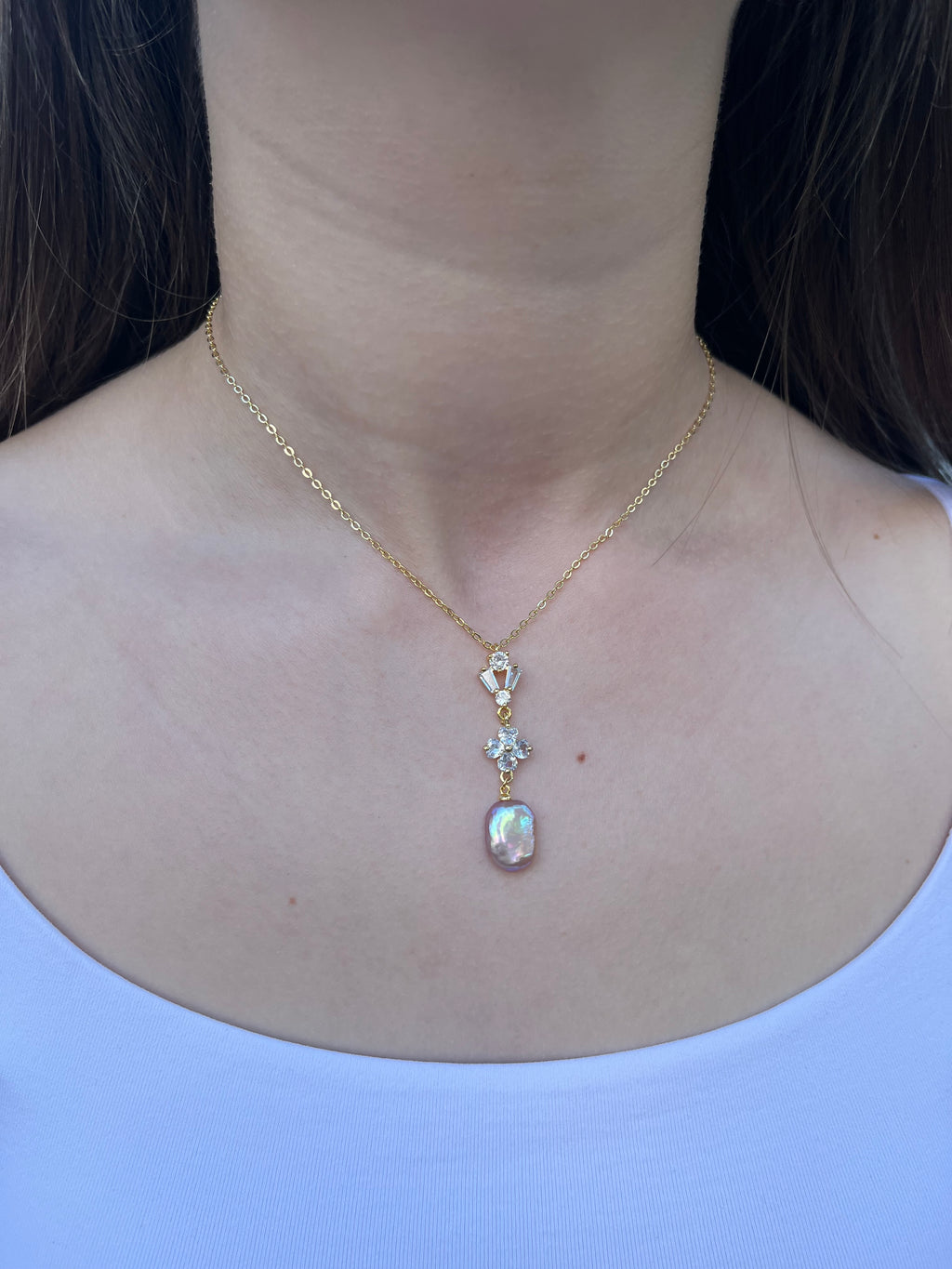 Baroque Pearl and zirconia Y-Necklace, 18k gold plated