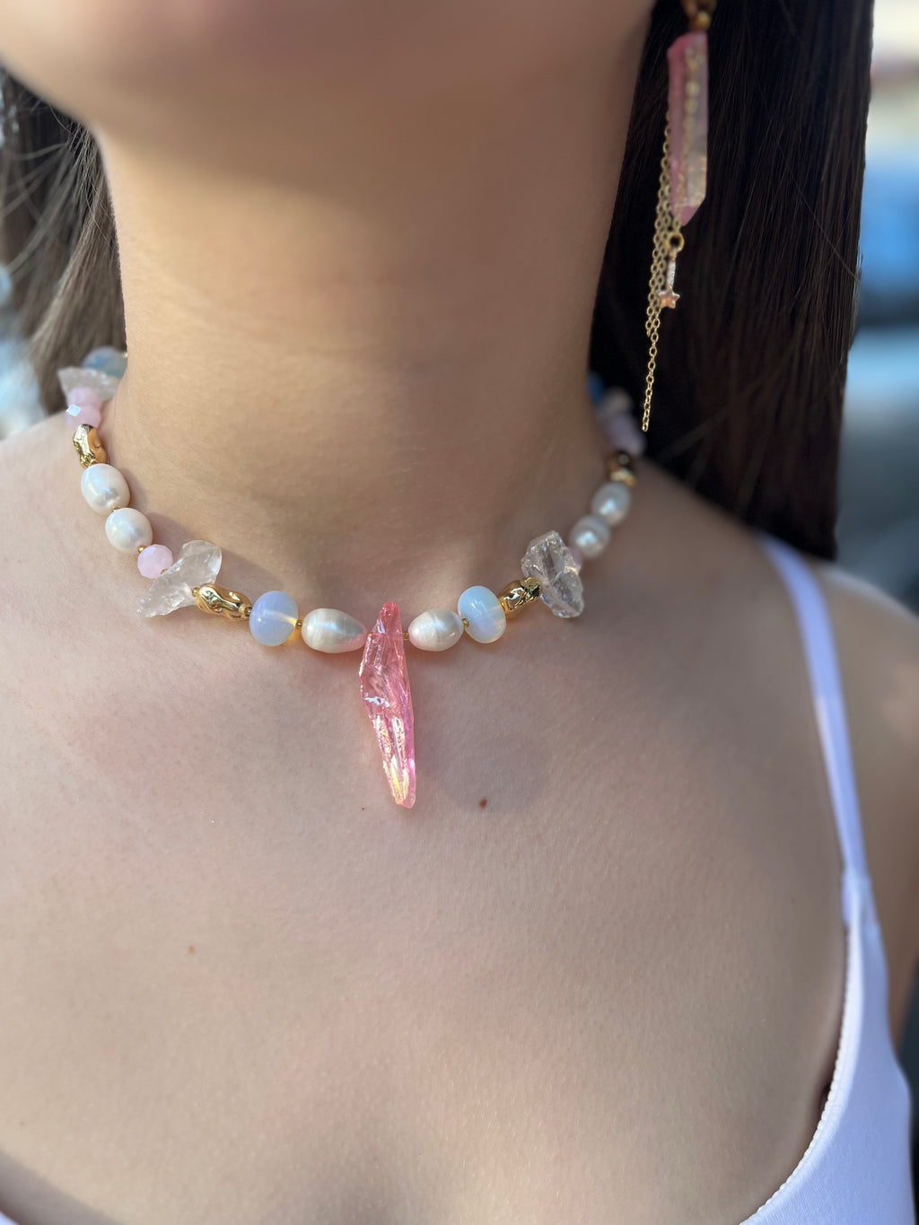 Set: Rose Quartz and Pearls Necklace and Earrings
