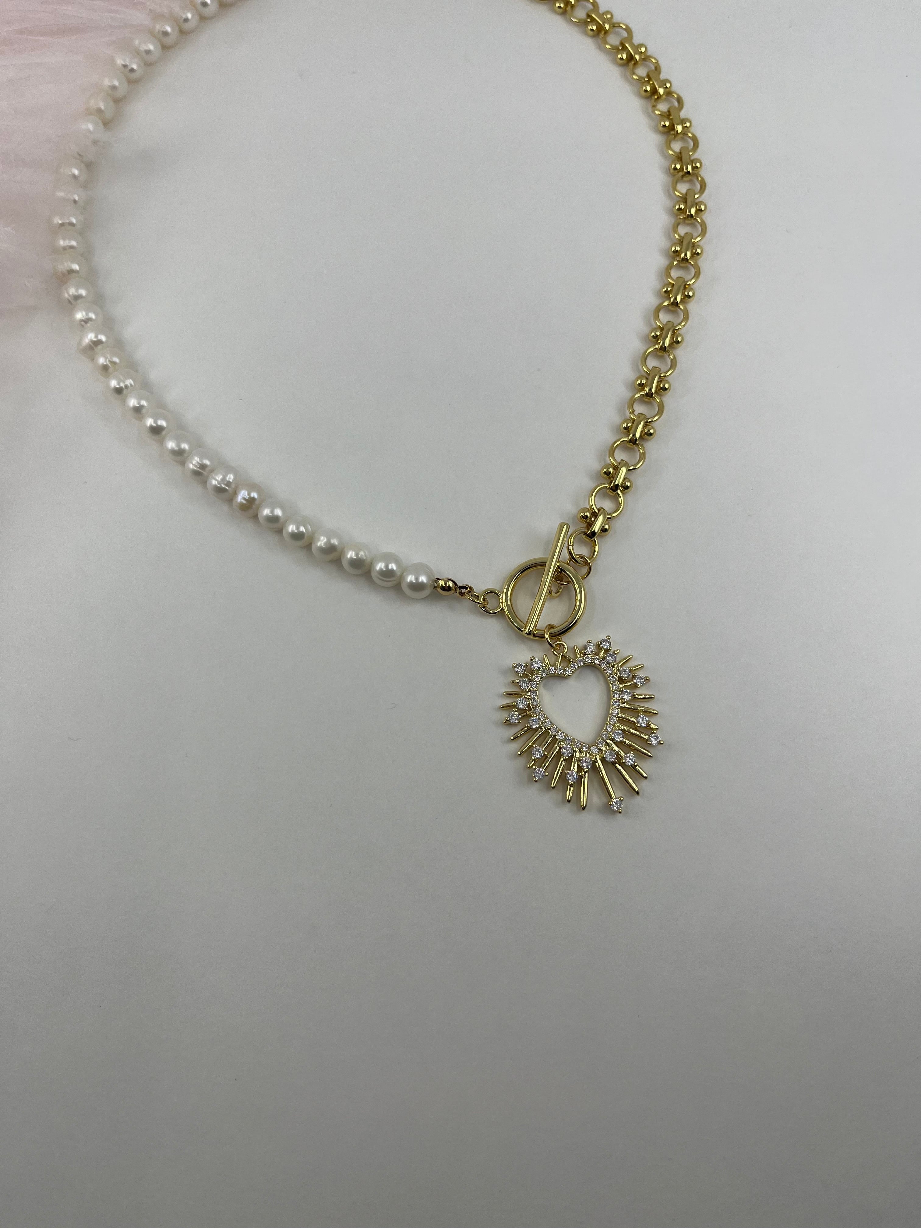 Asymmetrical Pearl Necklace with Heart Pendant, 18K Gold Plated Chain