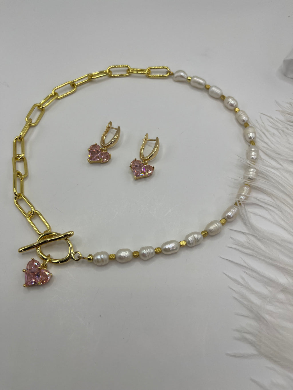 Asymmetrical Pearl Choker Necklace with earrings : 18K Gold Plated