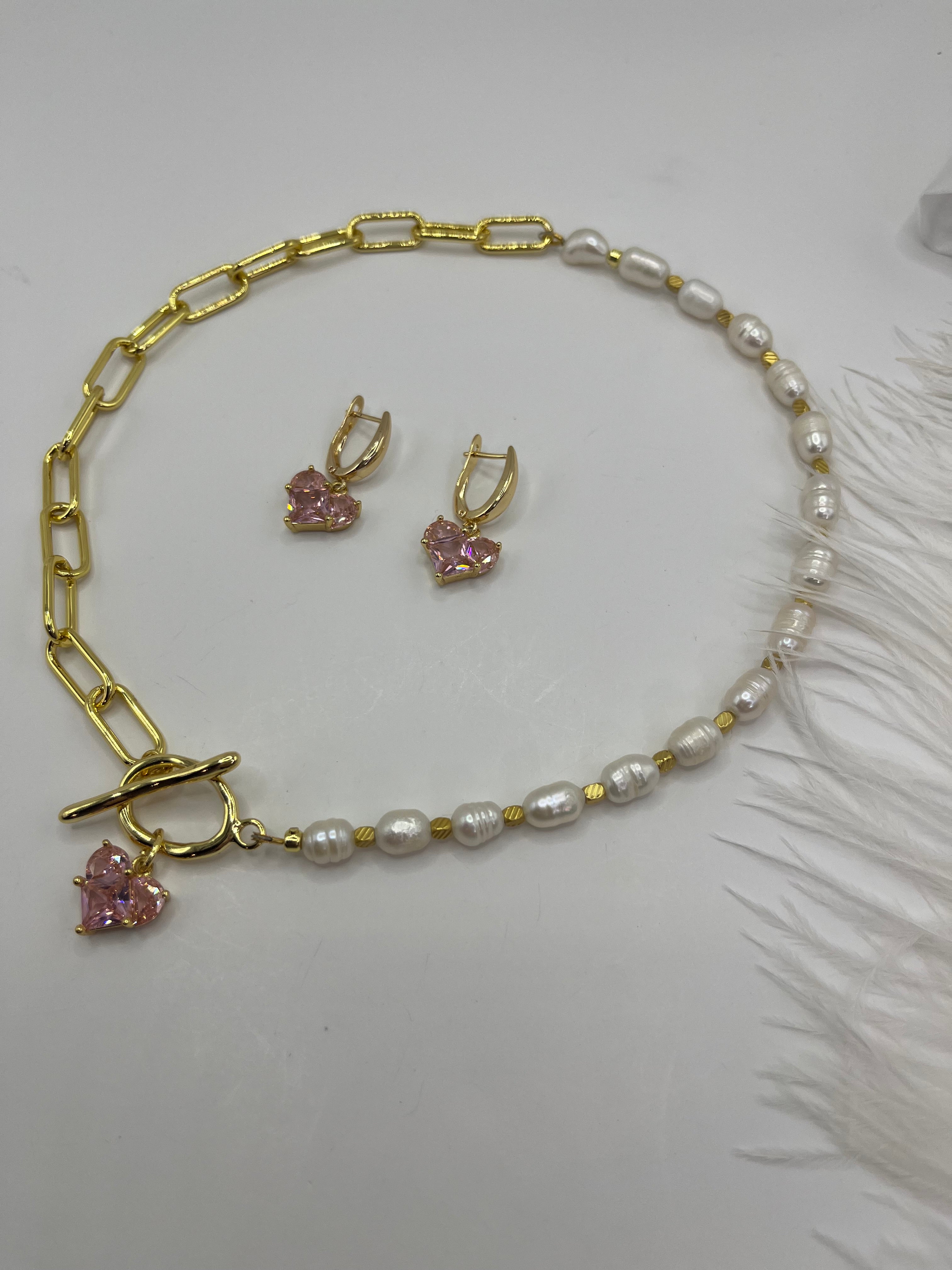 Asymmetrical Pearl Choker Necklace with earrings : 18K Gold Plated
