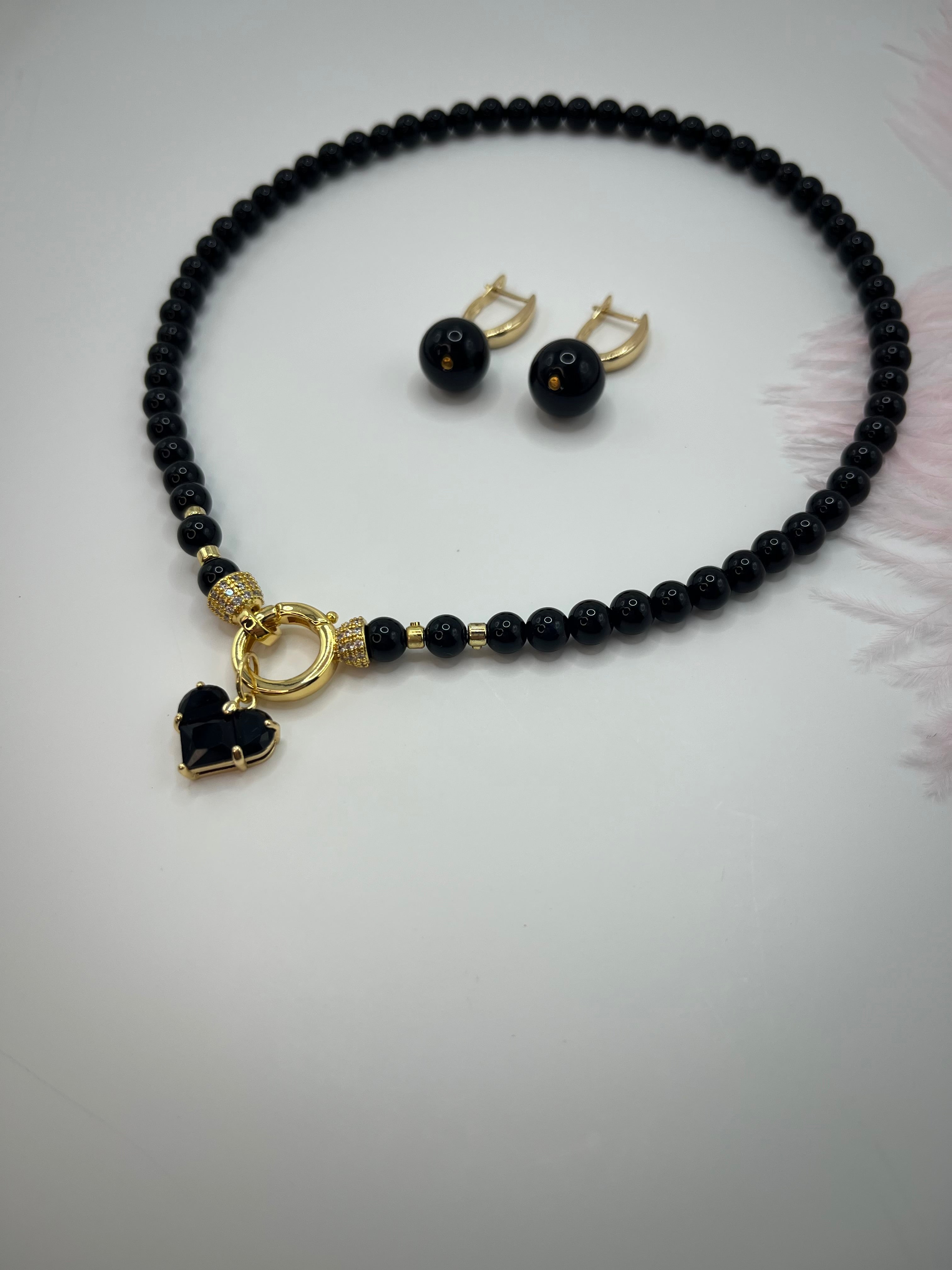 Black Onyx Necklace and Earrings Set – 18K Gold Plated Heart Charm
