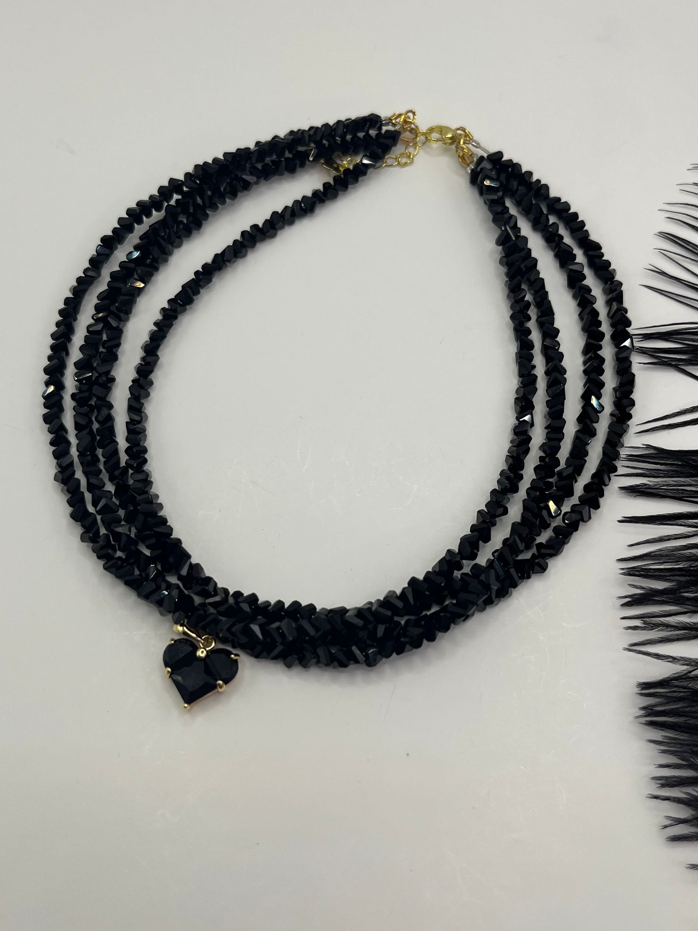 Layered Heart Black Crystal Choker – 18K Gold Plated, Cubic Zirconia, Nickel Free