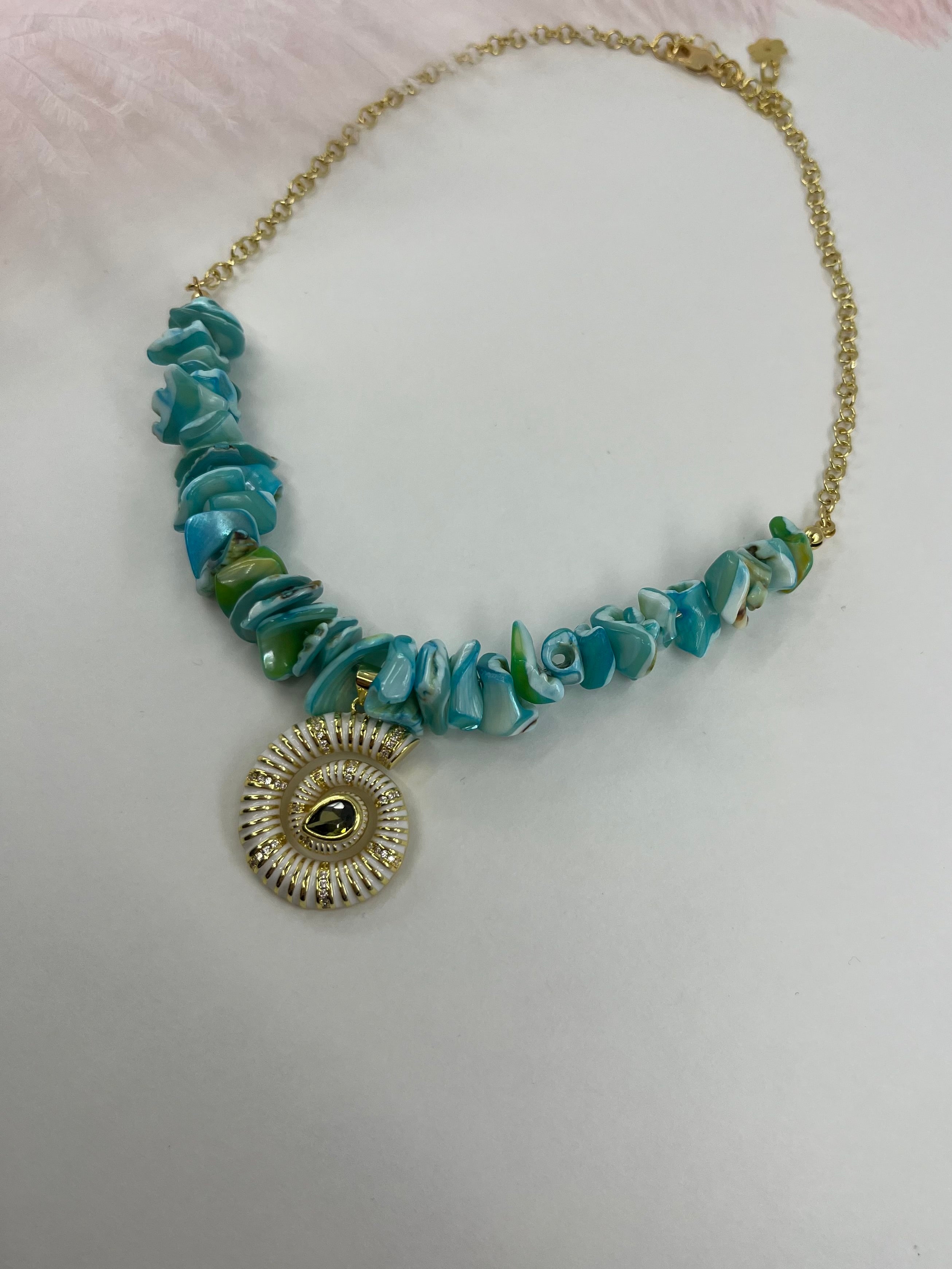 Natural Blue Shell Necklace with Conch Charm, 18K Gold Plated