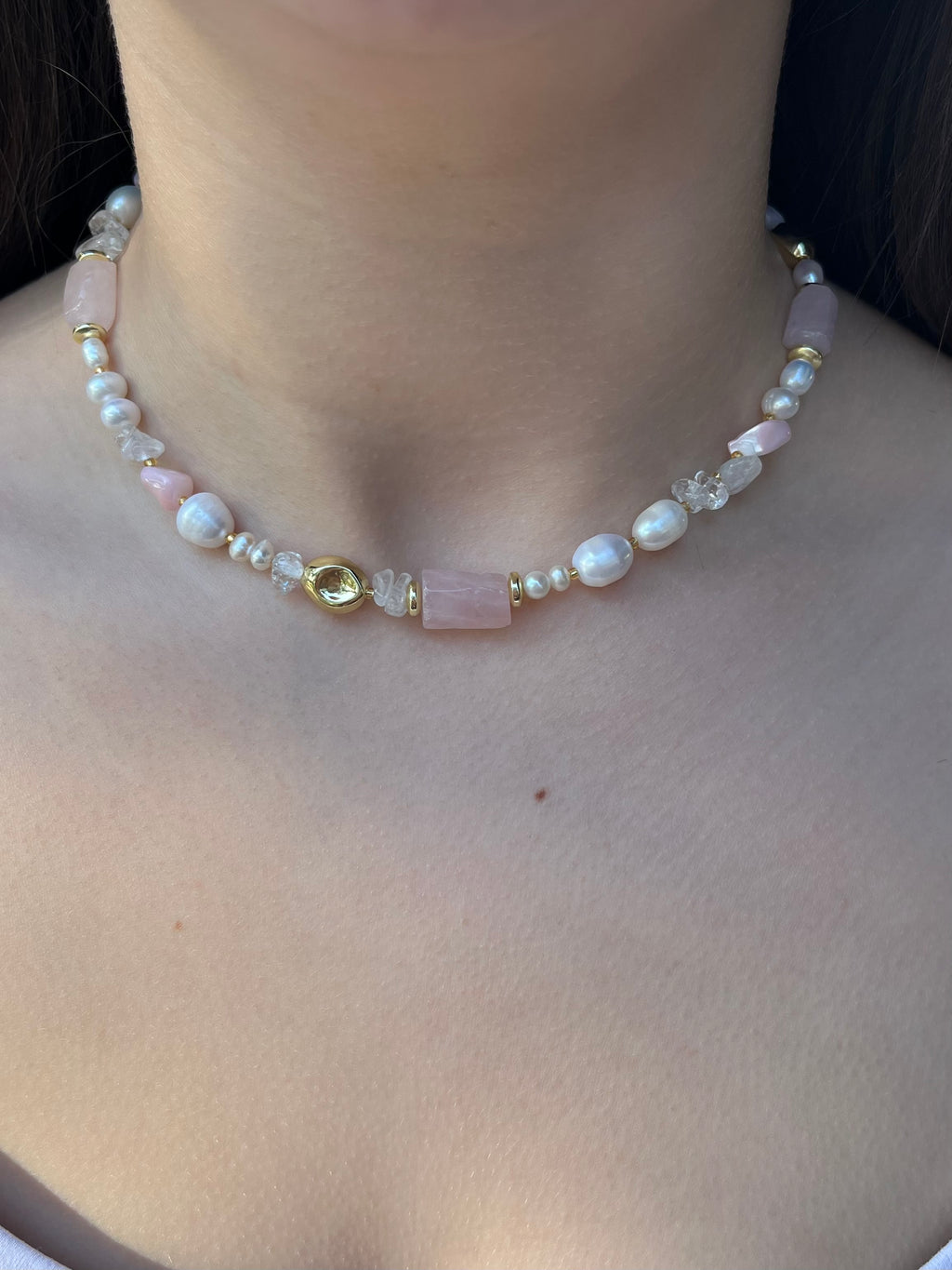 Set: Pearl and Rose Quartz Necklace and Earrings