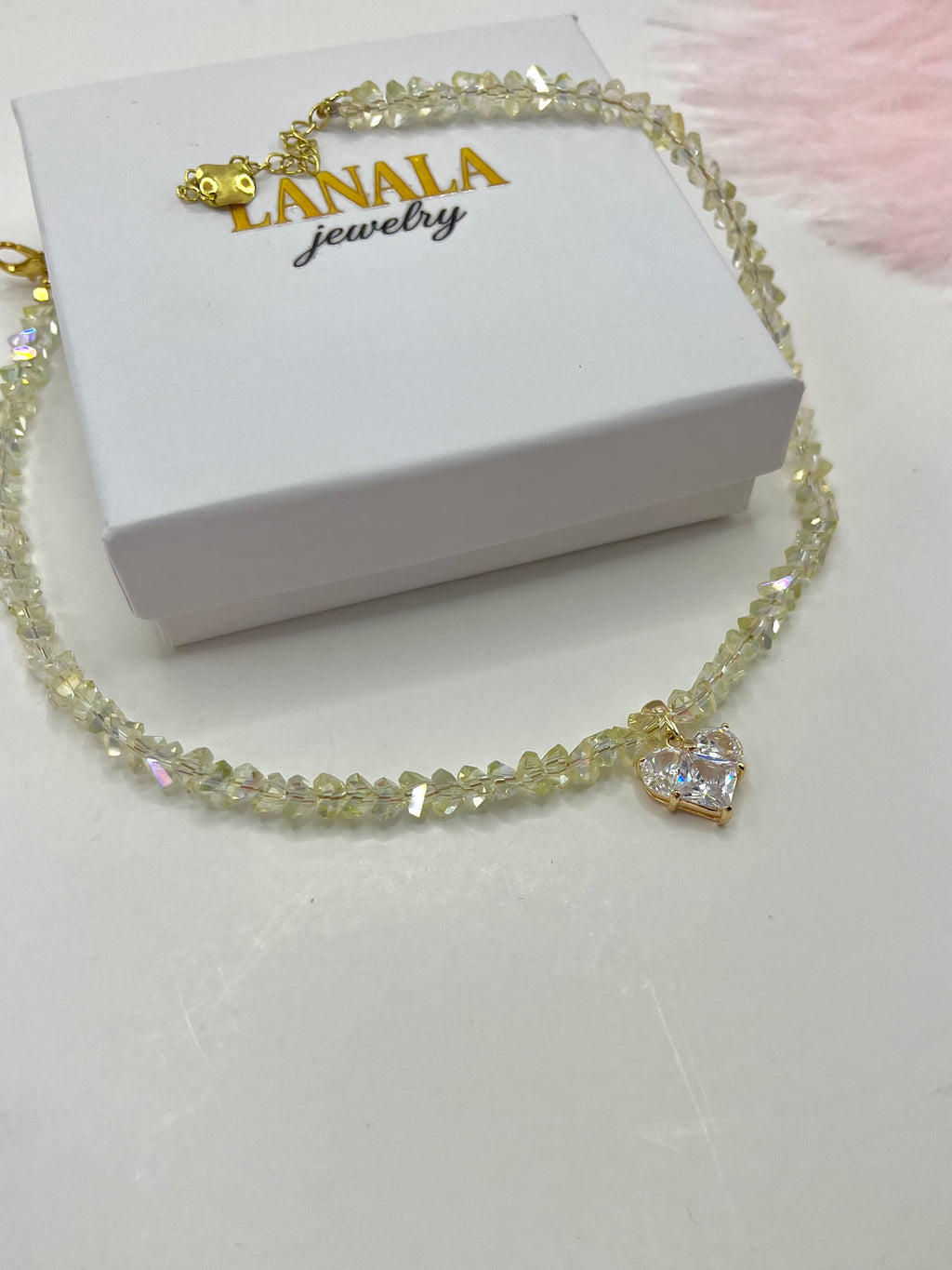 Crystal Glass Bead Choker: 18K Gold Heart Pendant