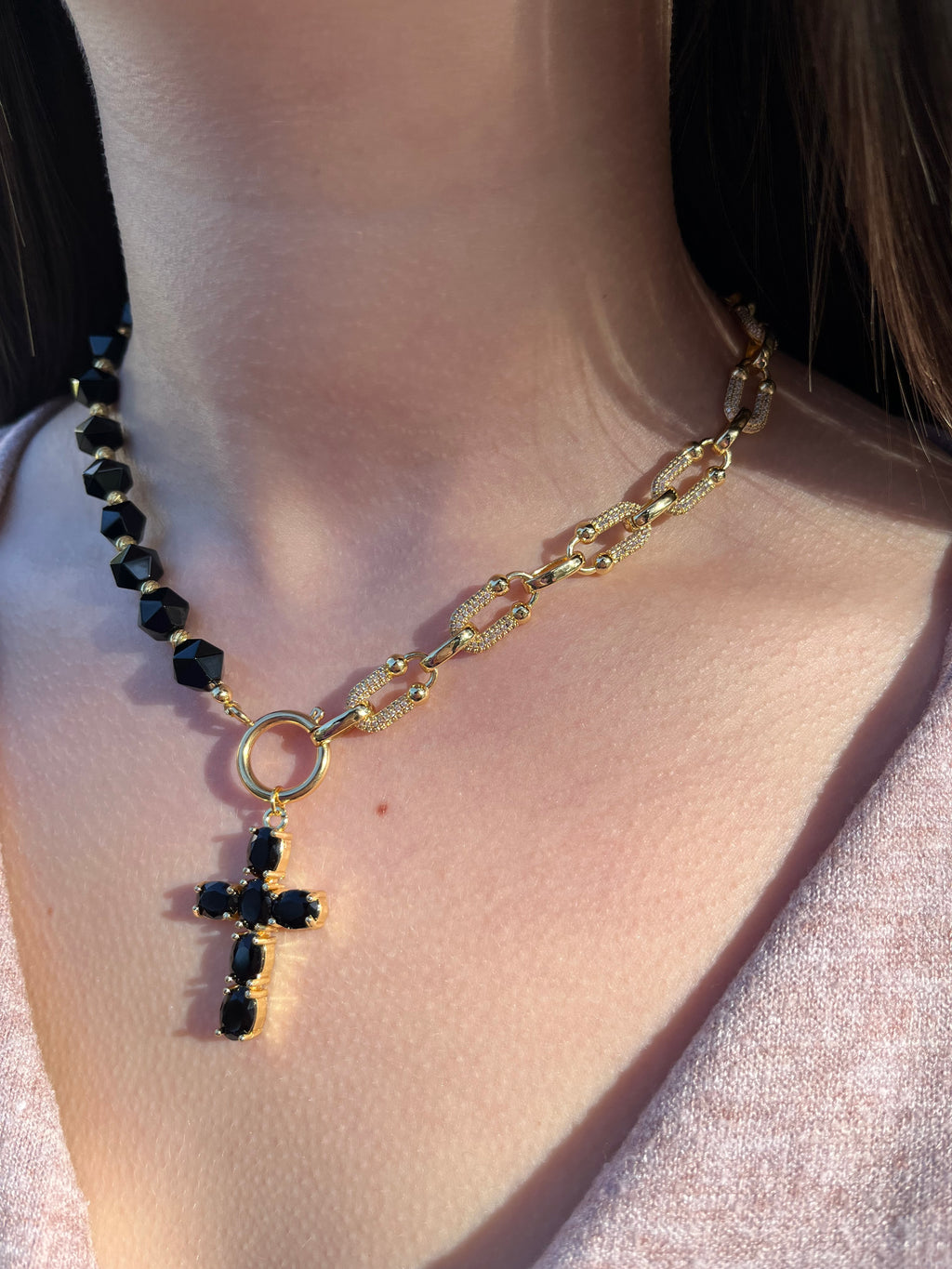 Asymmetrical Black Onyx Necklace– Cross 18K Gold Plated