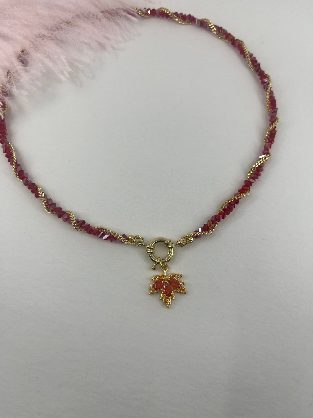 Crystal Red Necklace: 18K Gold Pendant Maple Leaf