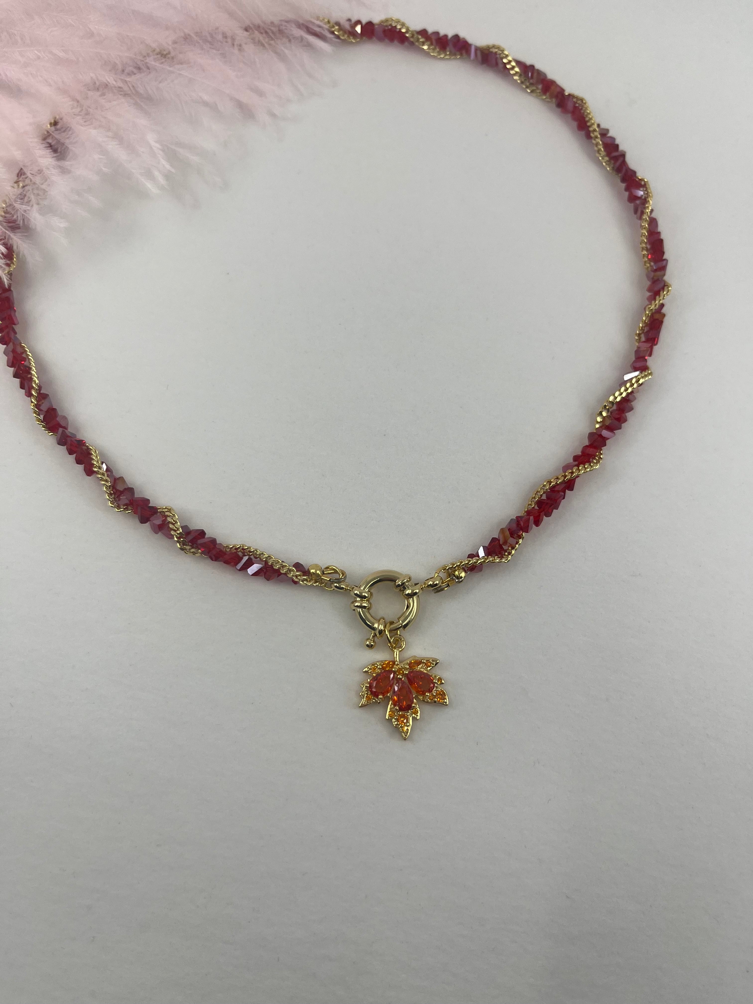 Crystal Red Necklace: 18K Gold Pendant Maple Leaf