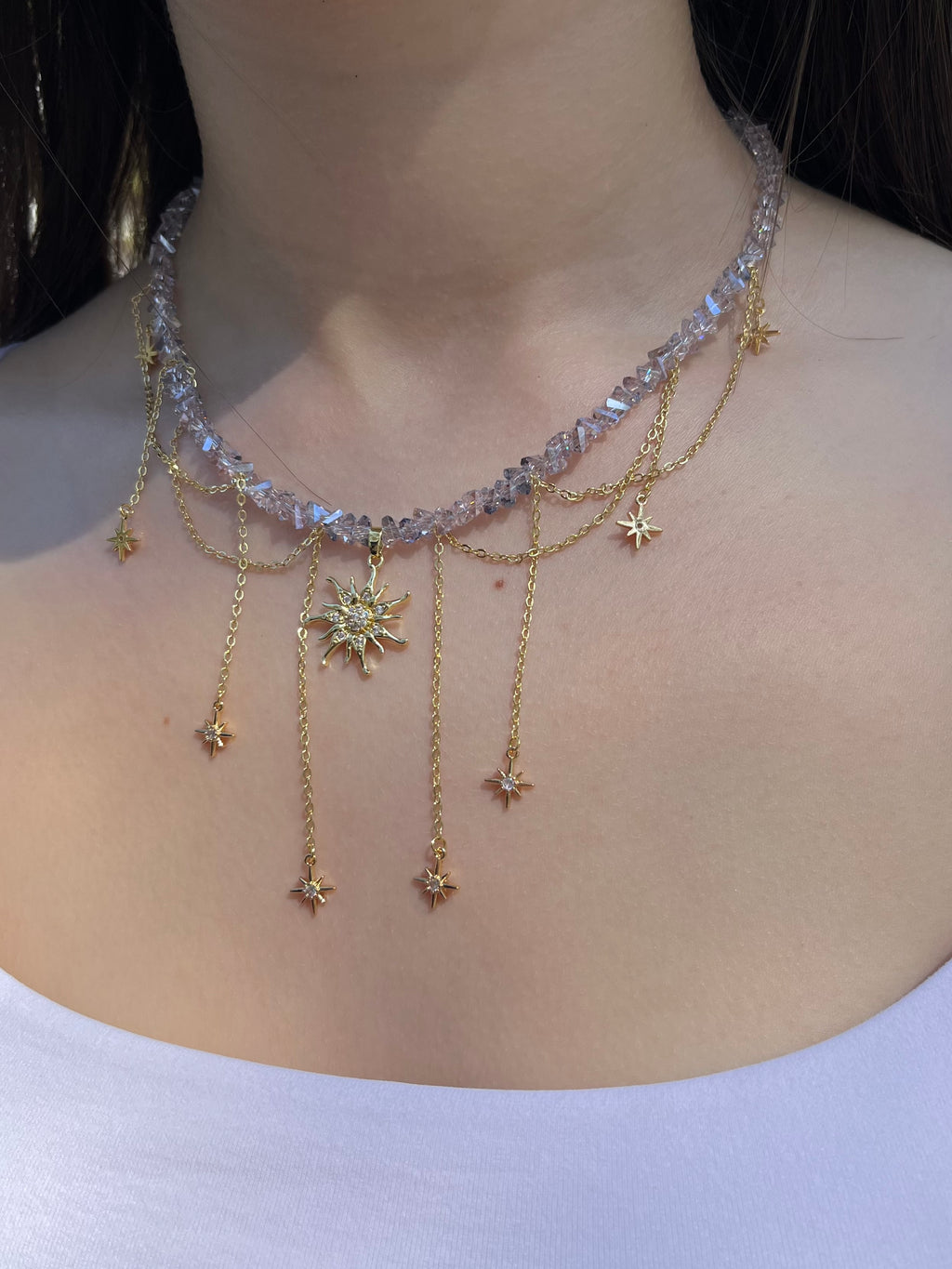 Handmade Crystal Sun & Star Necklace, 18K Gold Plated