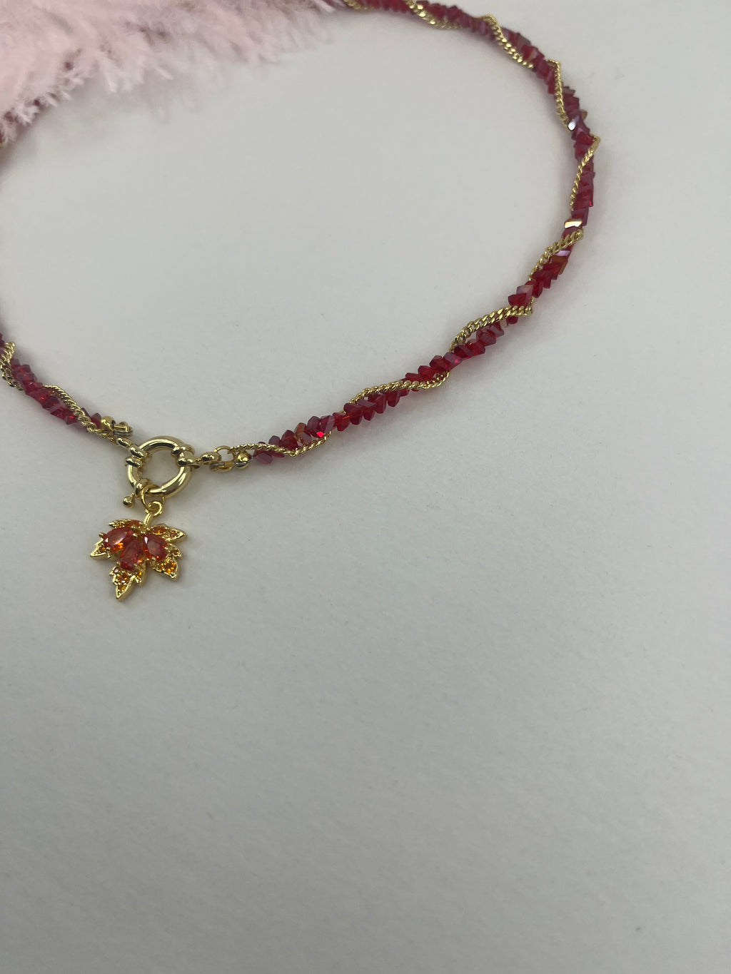 Crystal Red Necklace: 18K Gold Pendant Maple Leaf