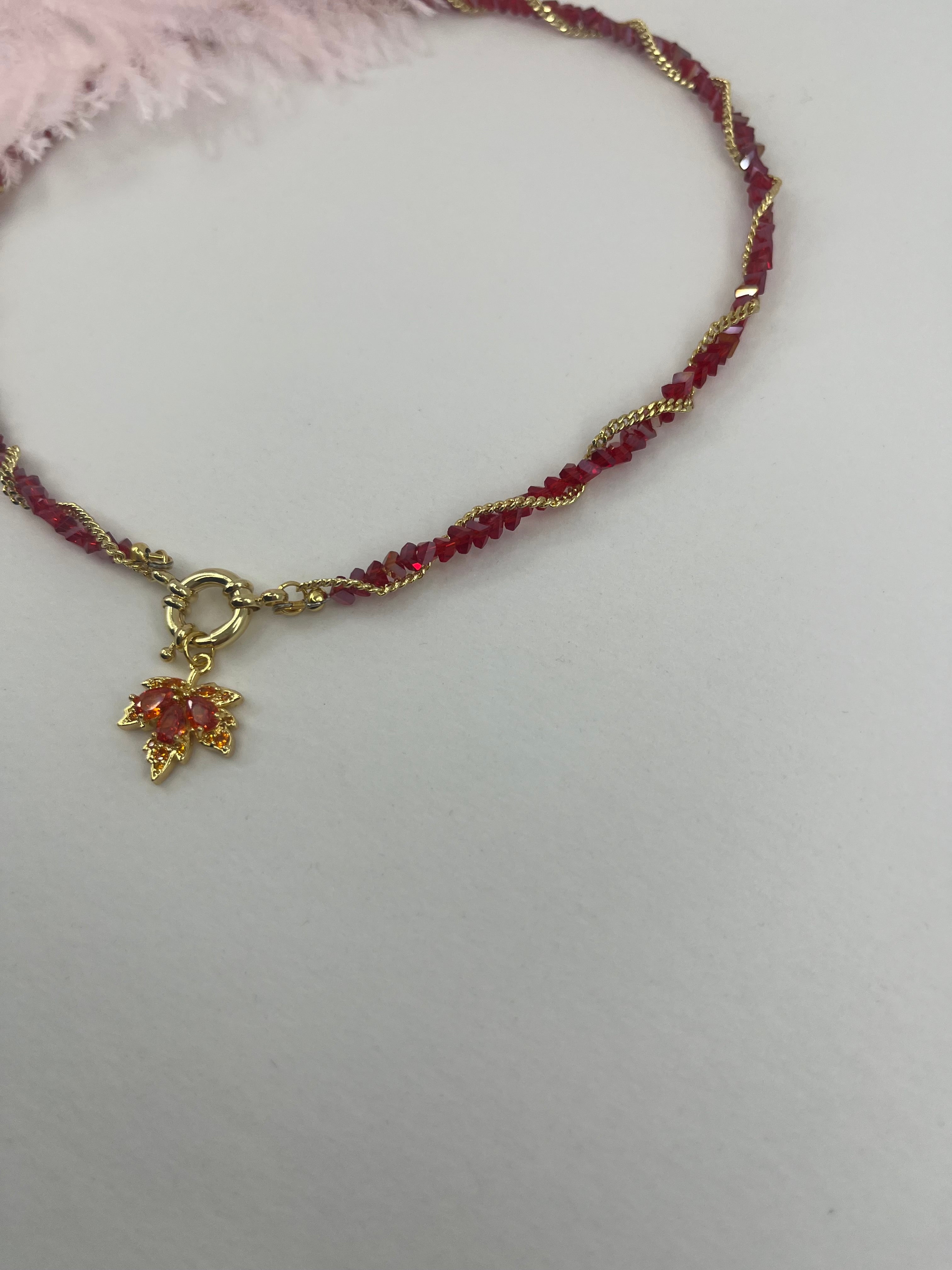 Crystal Red Necklace: 18K Gold Pendant Maple Leaf