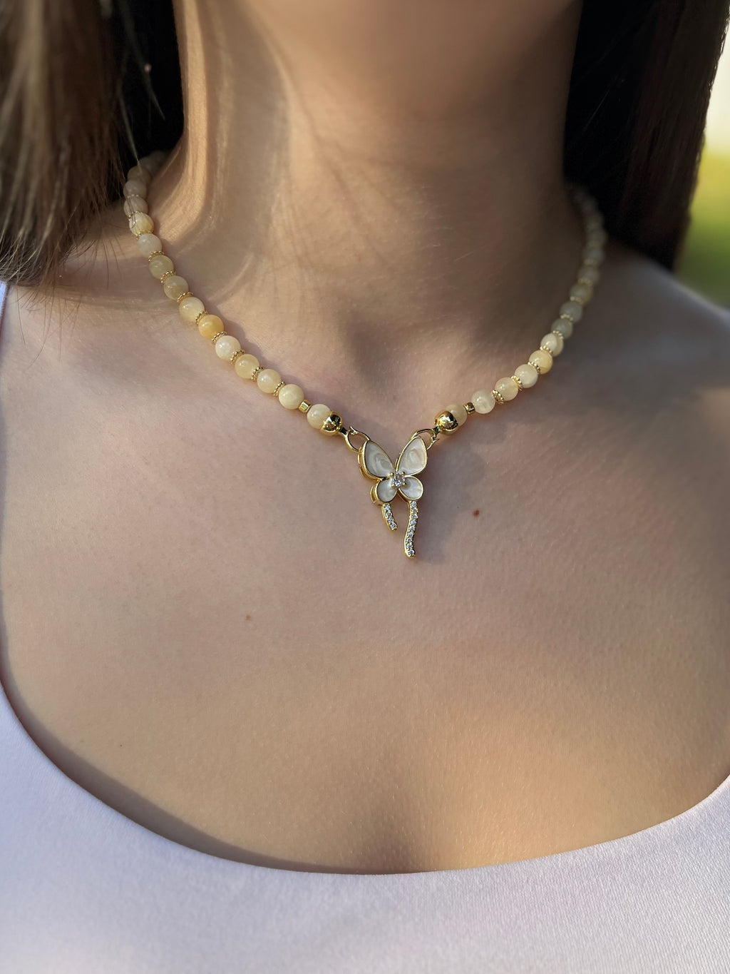 Topaz Jade Choker Necklace : 18K Gold Plated Zirconia Butterfly Clasp