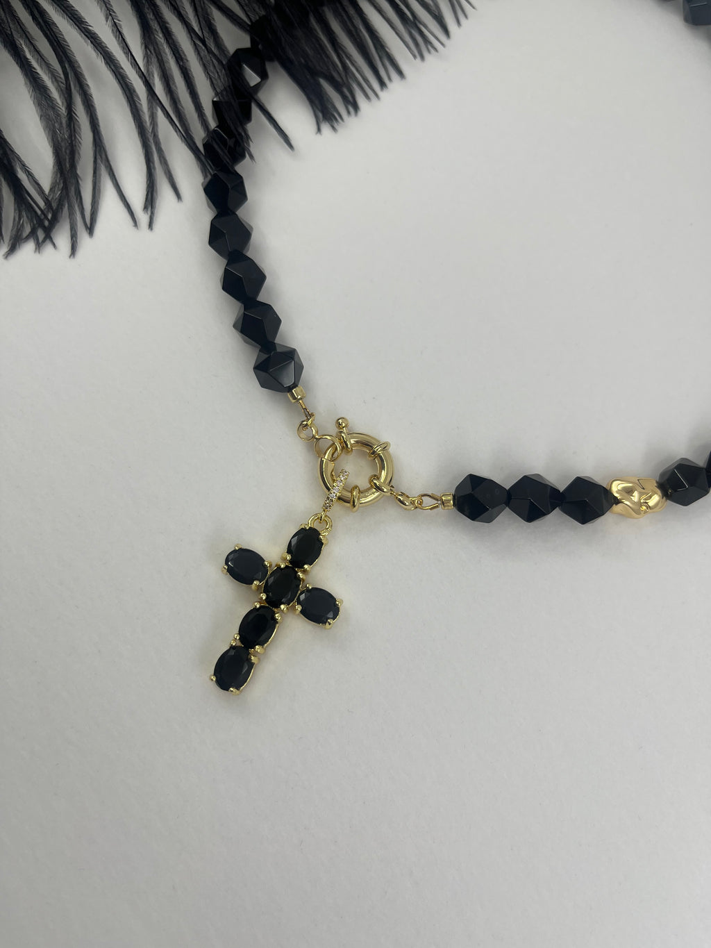 Natural Black Onyx Necklace with Gold Zirconia Cross
