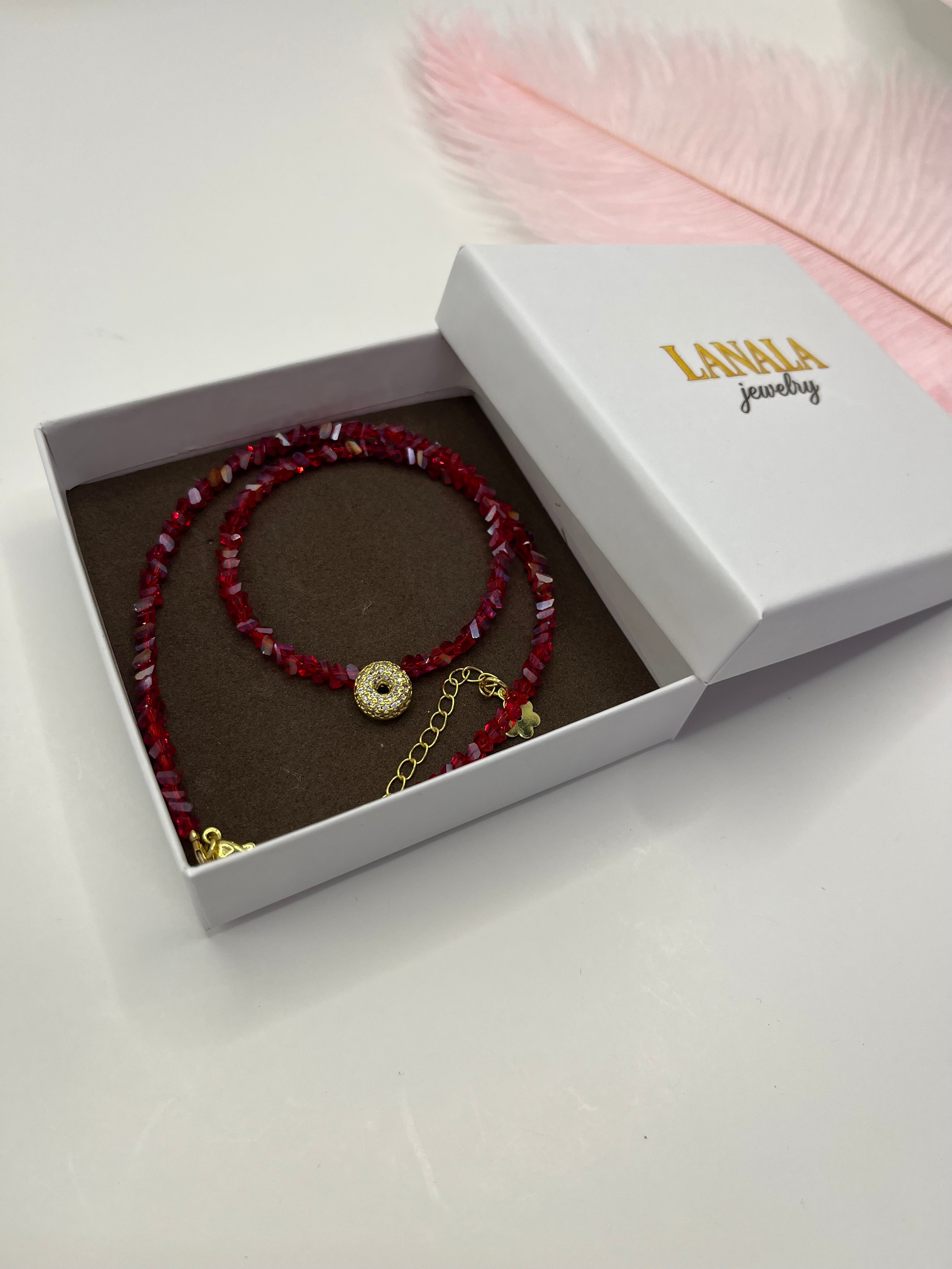 Initial Charm Red Crystal Necklace – 18K Gold Plated, Cubic Zirconia