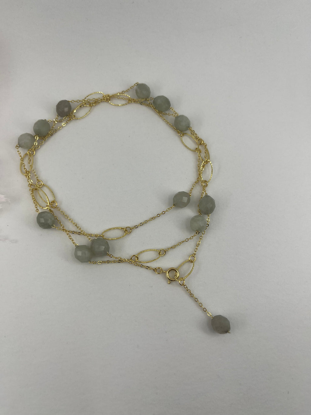 Layered Long Natural Malaysia Jade Necklace with 18K Gold chain