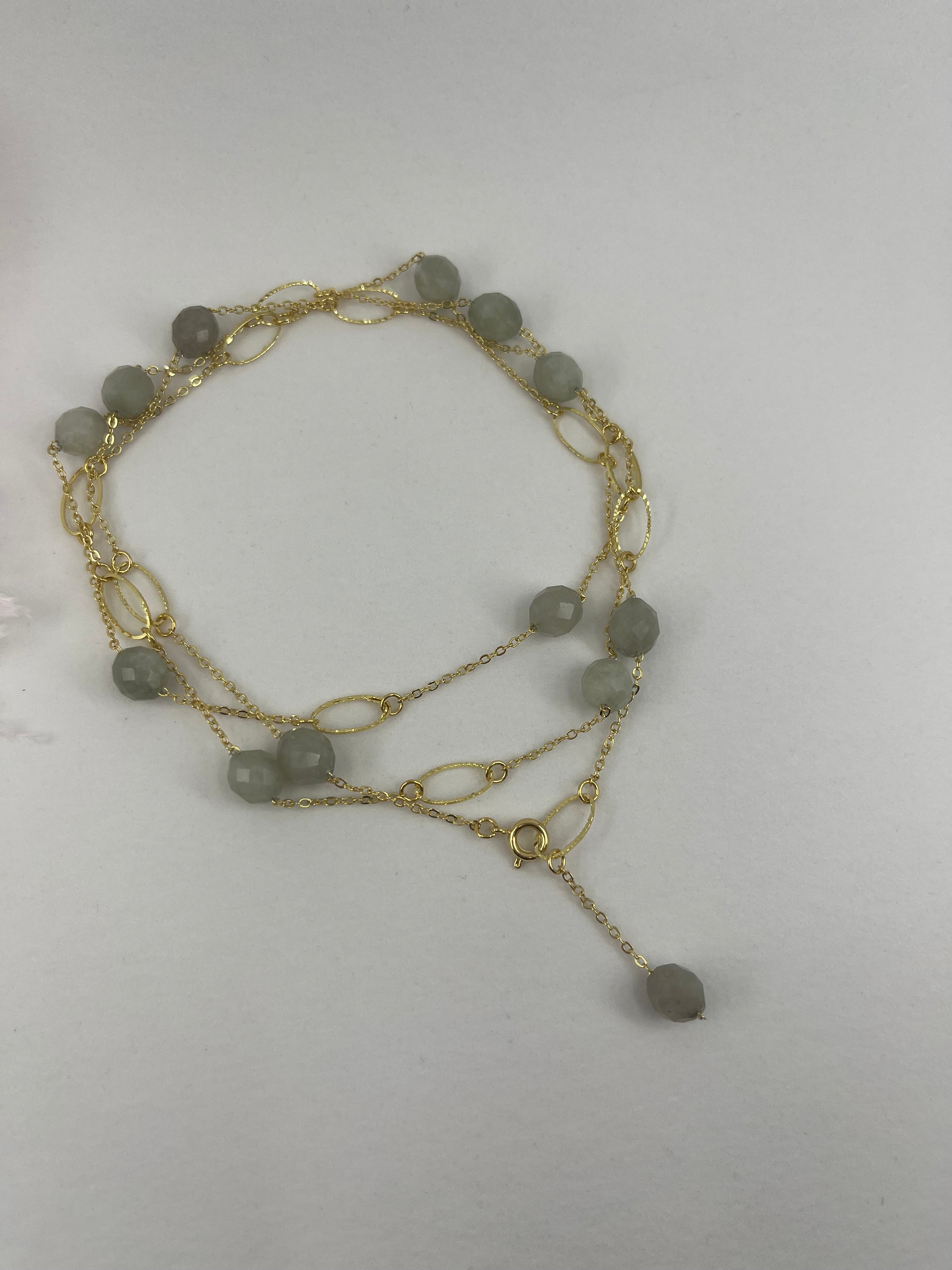 Layered Long Natural Malaysia Jade Necklace with 18K Gold chain