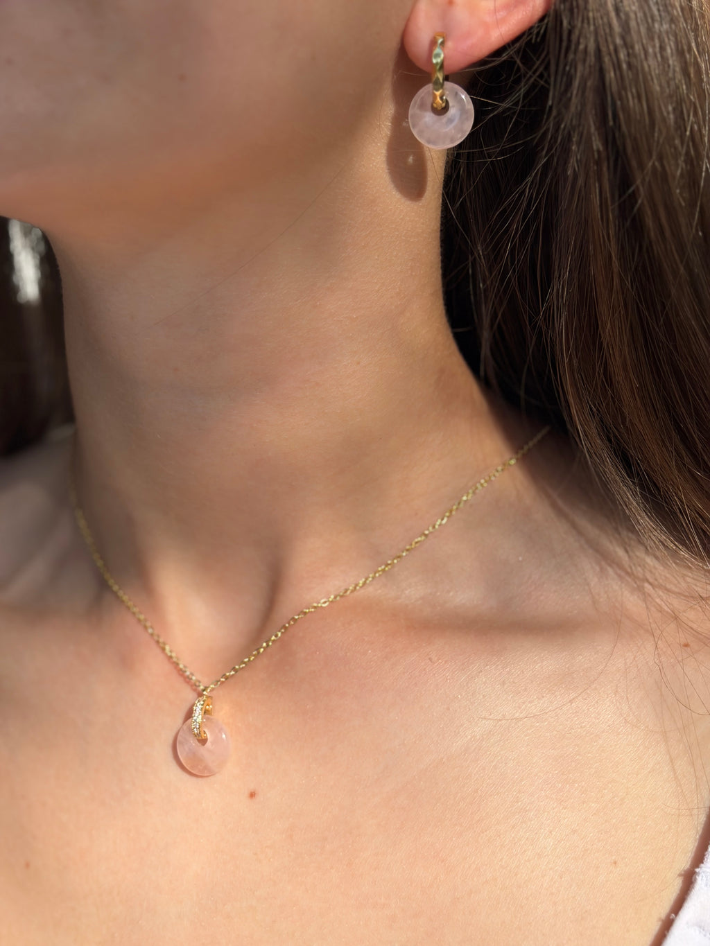 Rose Quartz Donut Earrings and Necklace,18K Gold Plated