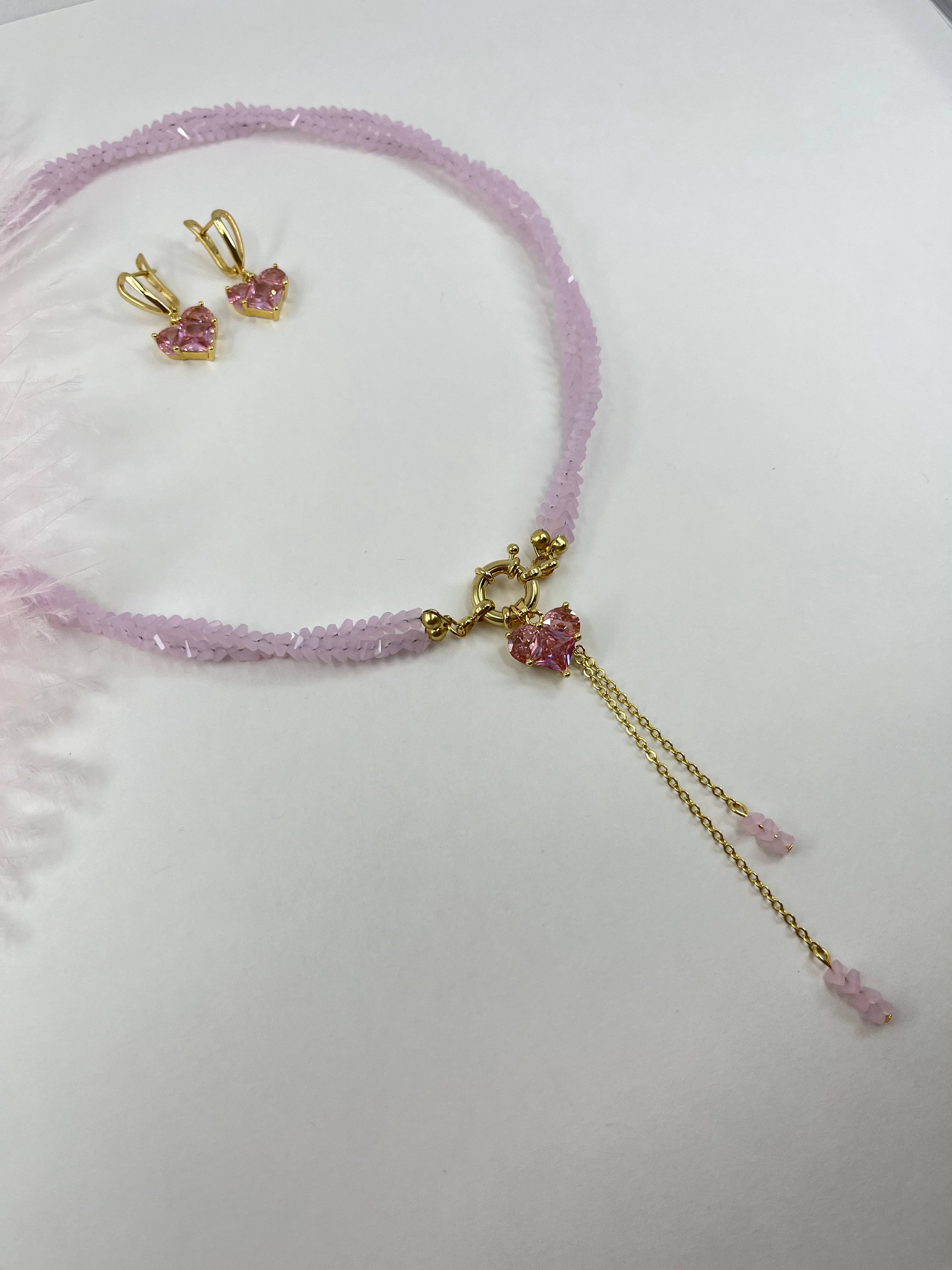 Set: Heart Pink Crystal Y-Necklace and Earrings – 18K Gold Plated, Cubic Zirconia
