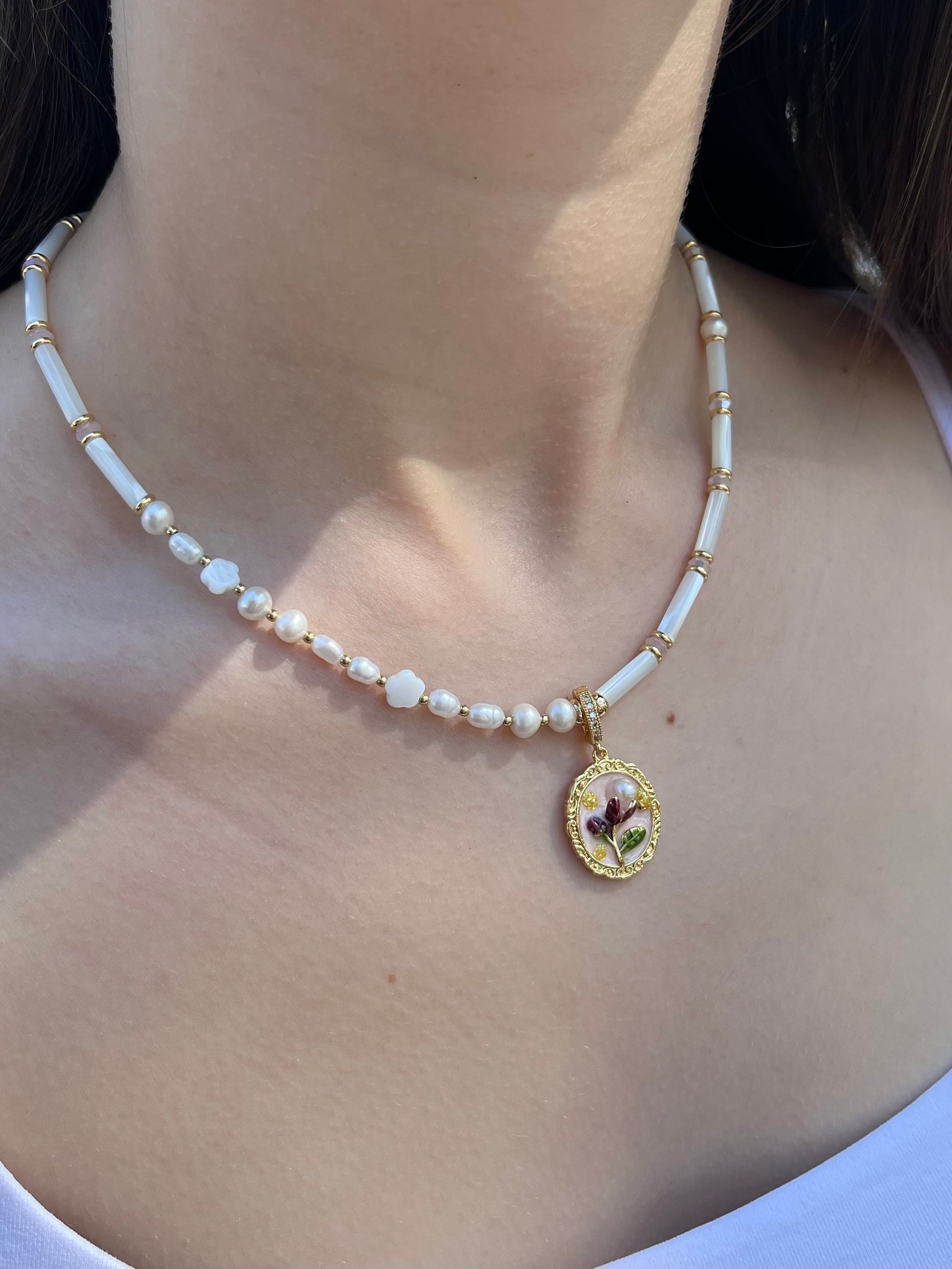 Natural Pearl and Trochus Shell Pendant Necklace, 18K Gold-Plated