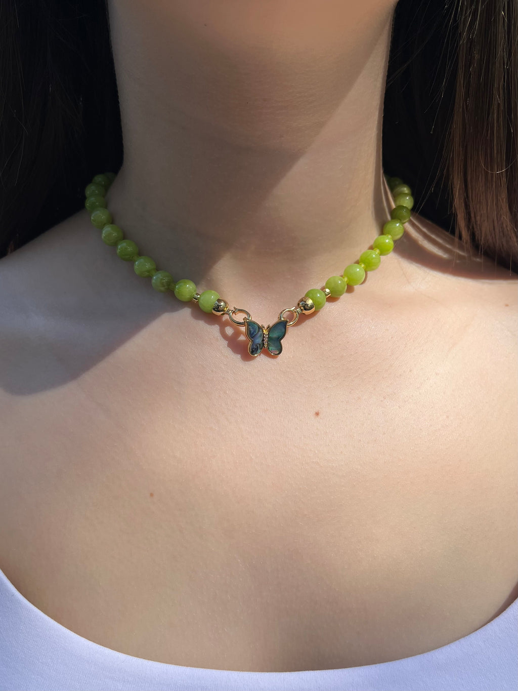 Natural Light Green Jade Necklace with 18K Gold Butterfly Clasp