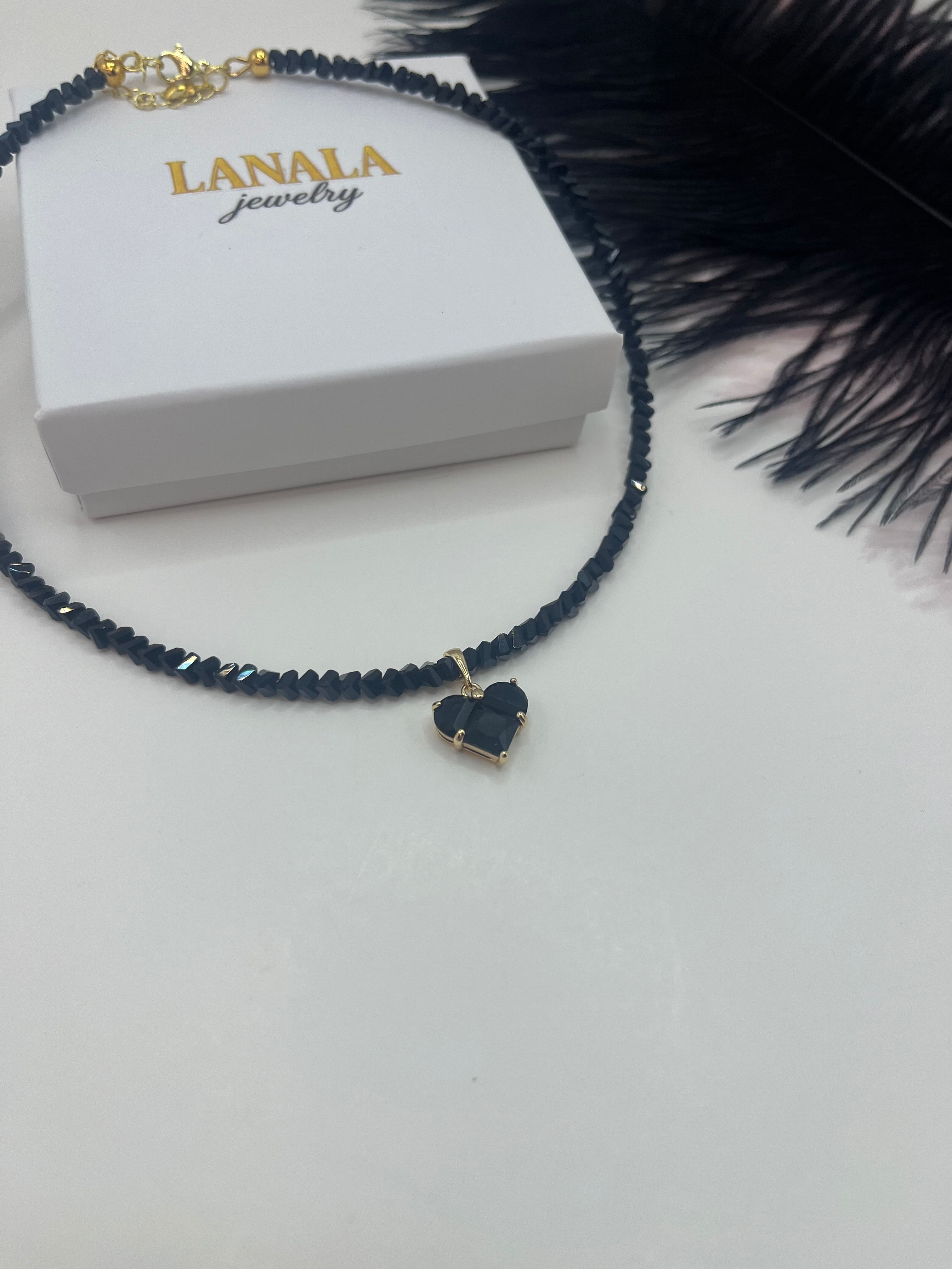 Heart Black Crystal Choker Necklace – 18K Gold Plated, Cubic Zirconia, Nickel Free