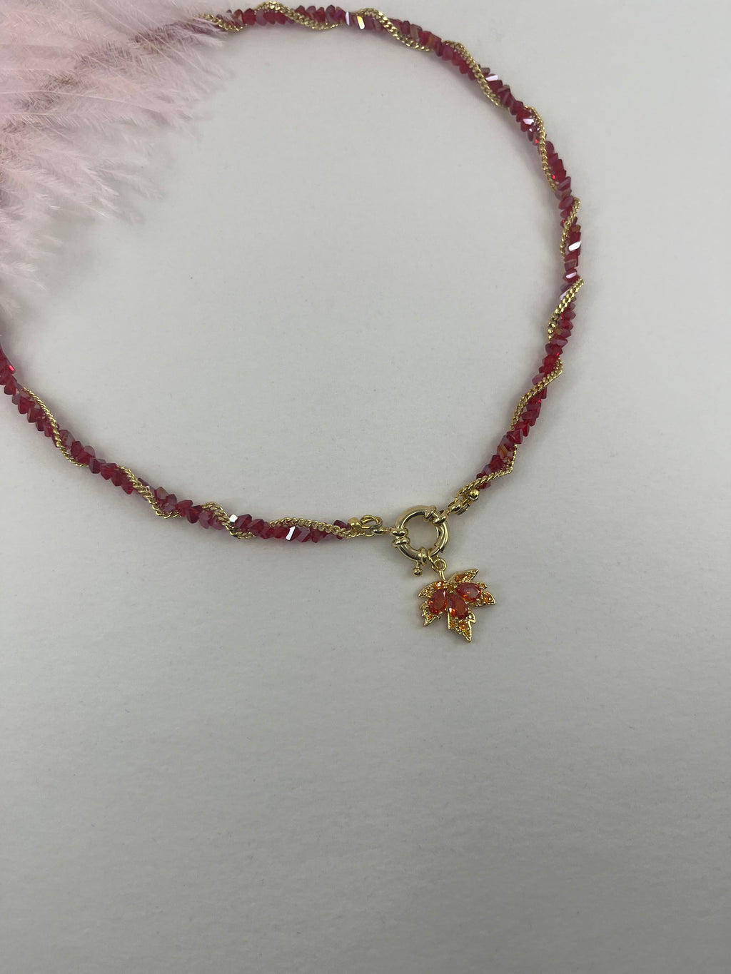 Crystal Red Necklace: 18K Gold Pendant Maple Leaf