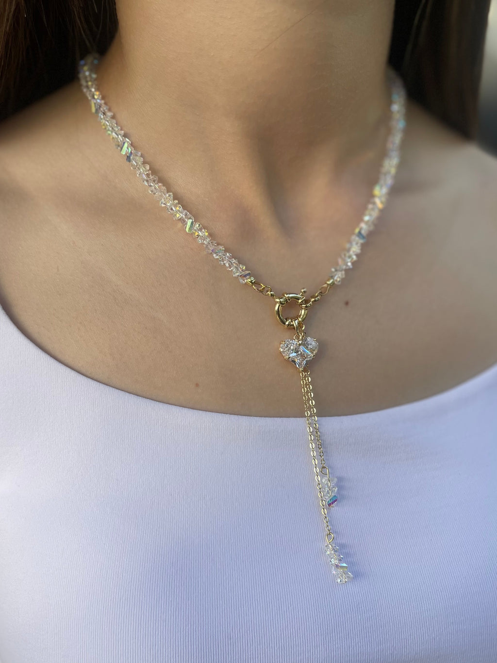 Set: Heart Crystal Y-Necklace and Earrings – 18K Gold Plated, Cubic Zirconia