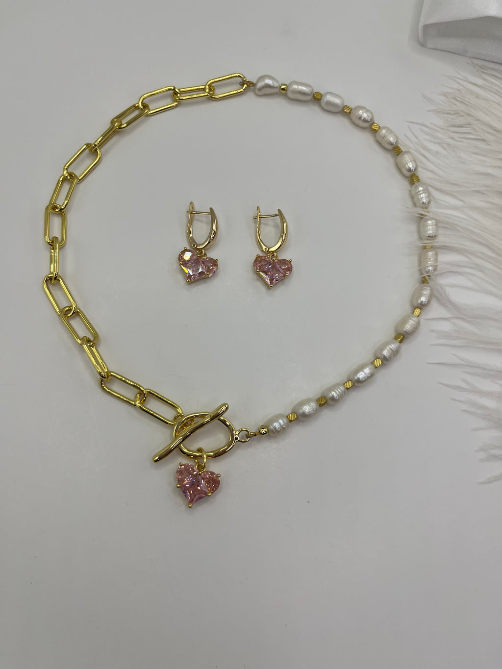 Asymmetrical Pearl Choker Necklace with earrings : 18K Gold Plated