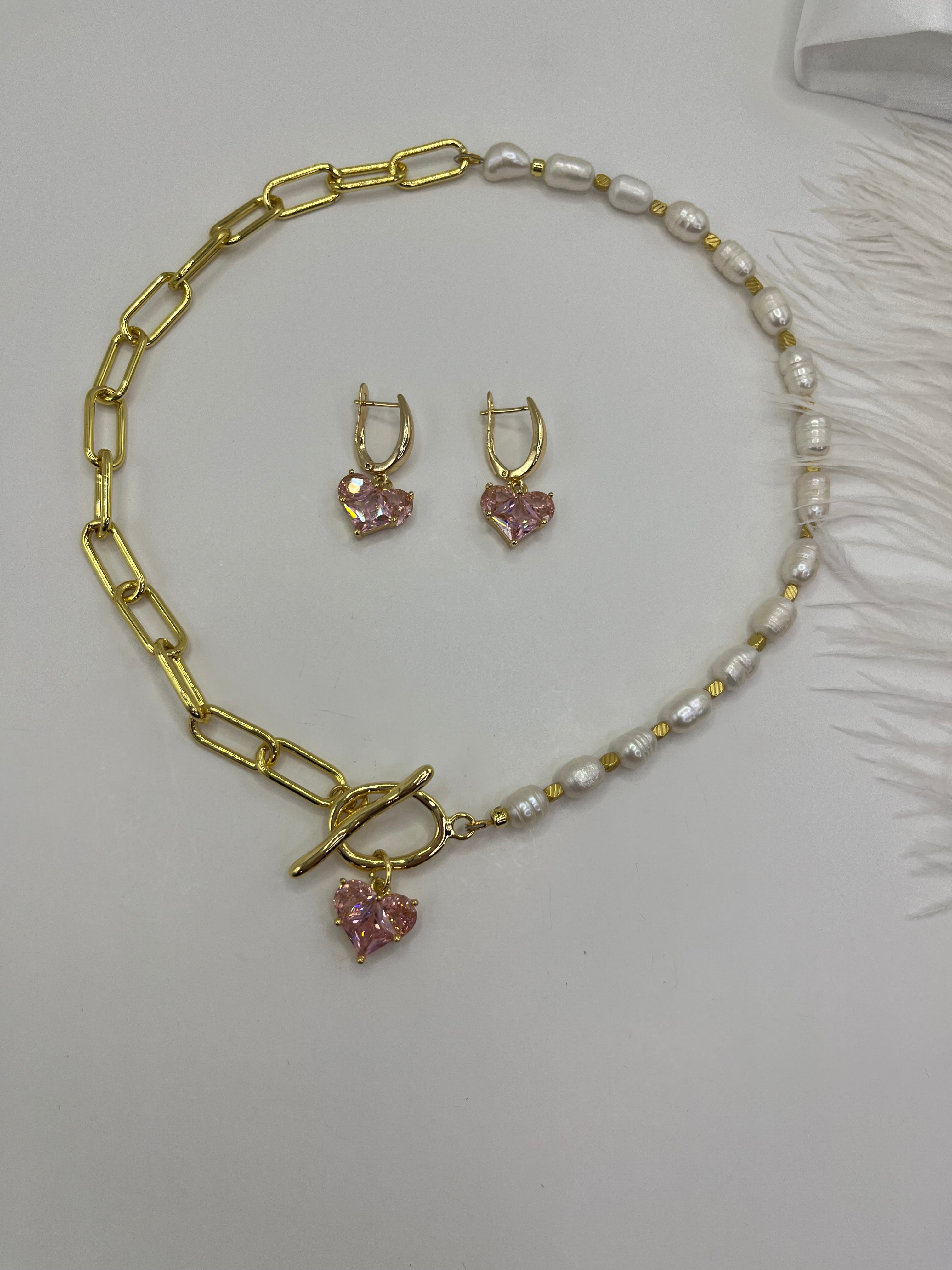 Asymmetrical Pearl Choker Necklace with earrings : 18K Gold Plated
