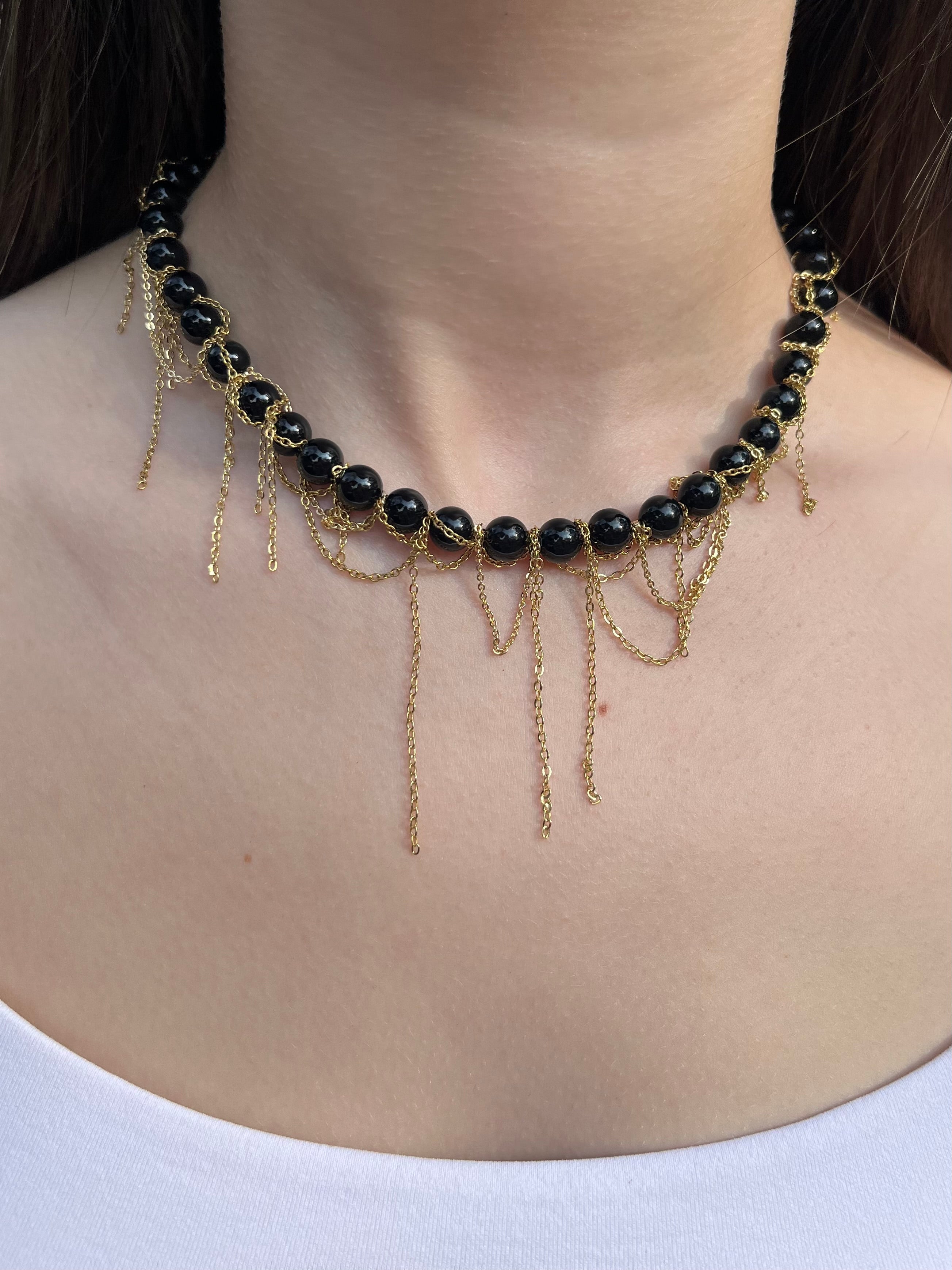Black Onyx Layered necklace– 18K Gold Plated Chain