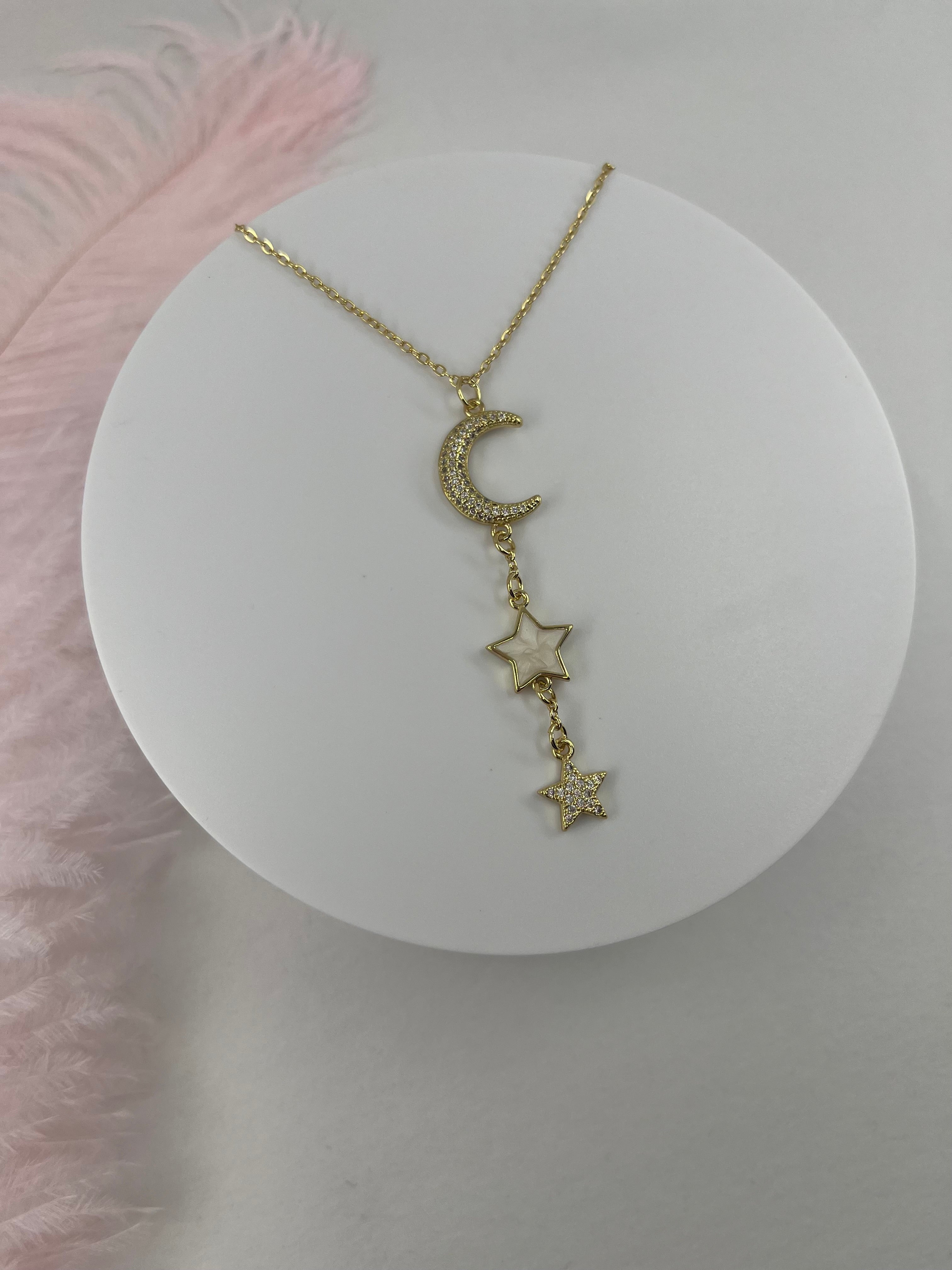 Zirconia Star and Moon Choker Necklace, Real 18K Gold Plated
