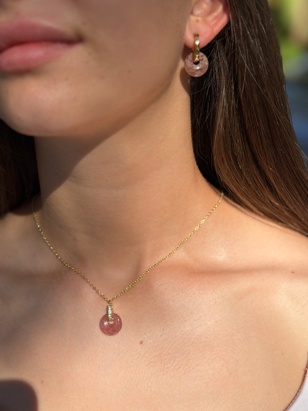 Strawberry Quartz Donut Earrings and Necklace