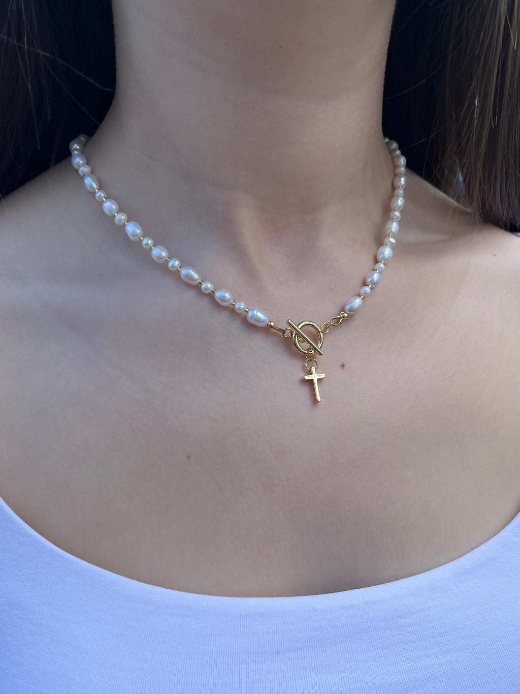 Natural Pearl Choker Necklace with Cross pendant: 18K Gold Plated