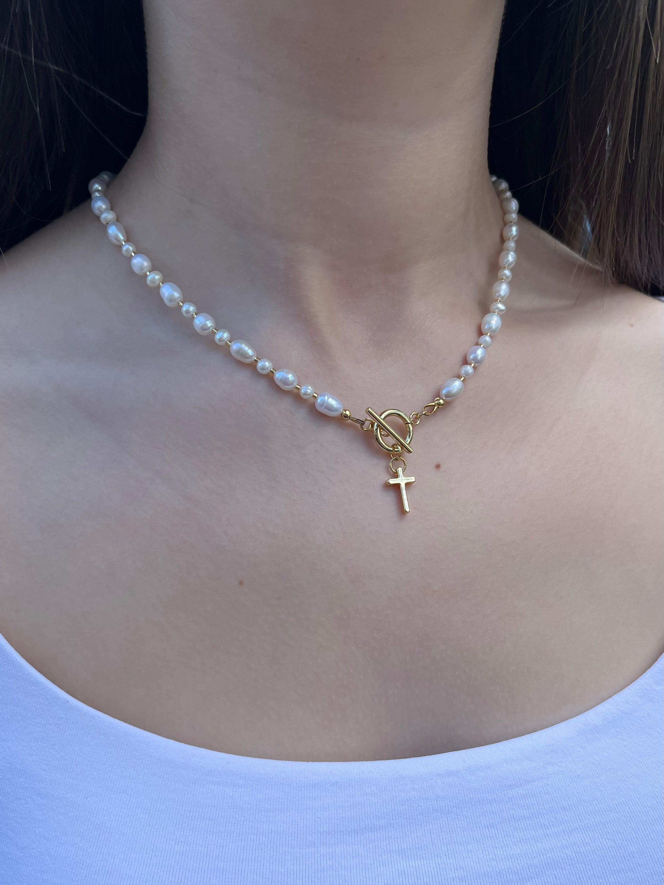 Natural Pearl Choker Necklace with Cross pendant: 18K Gold Plated