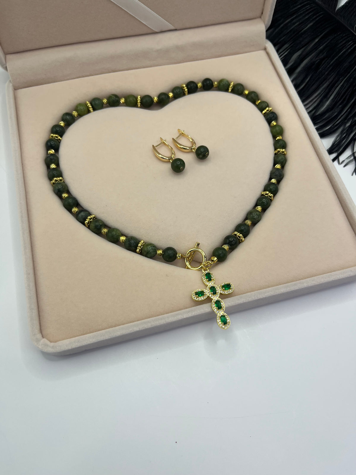 Set: Natural Taiwan Jade Necklace with Zirconia Cross 18K Gold plated