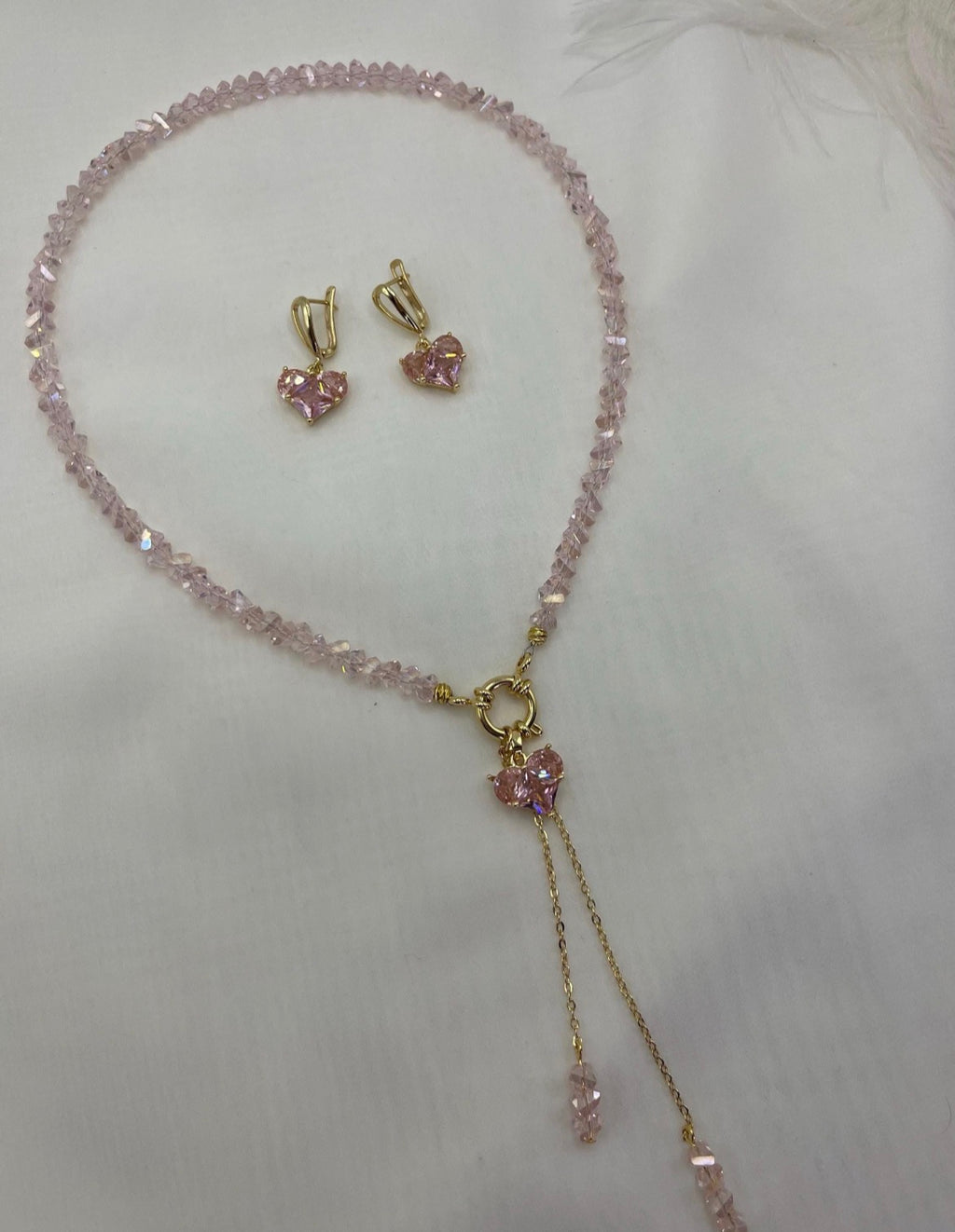 Set: Heart Pink Crystal Y-Necklace and Earrings – 18K Gold Plated, Cubic Zirconia