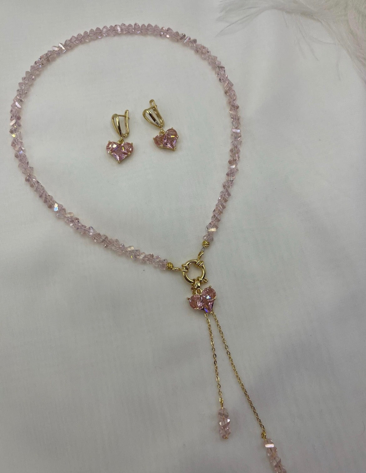 Set: Heart Pink Crystal Y-Necklace and Earrings – 18K Gold Plated, Cubic Zirconia