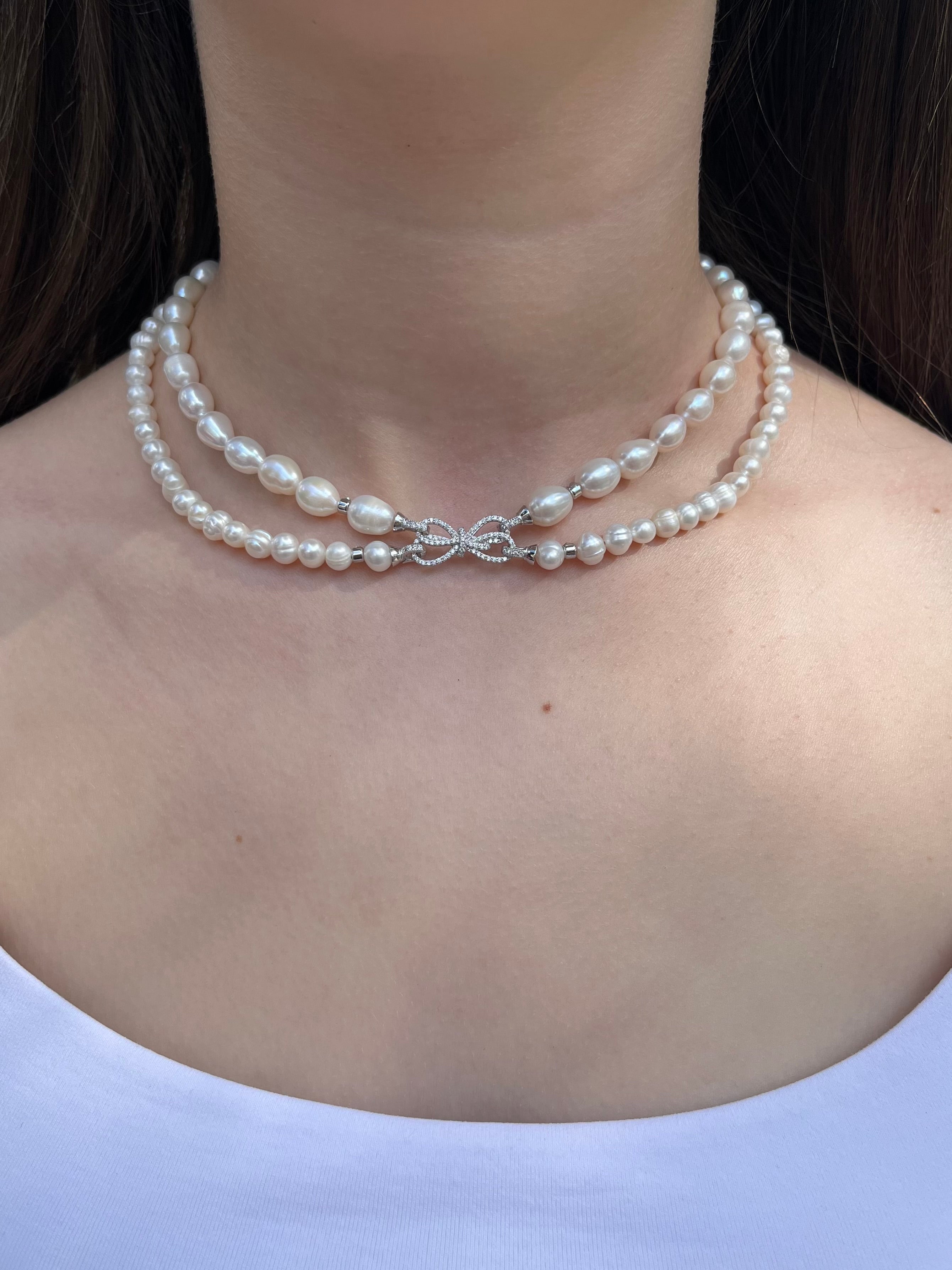 Layered Natural Pearl Necklace with 925 Sterling Silver Bowknot Clasp, Gift Box